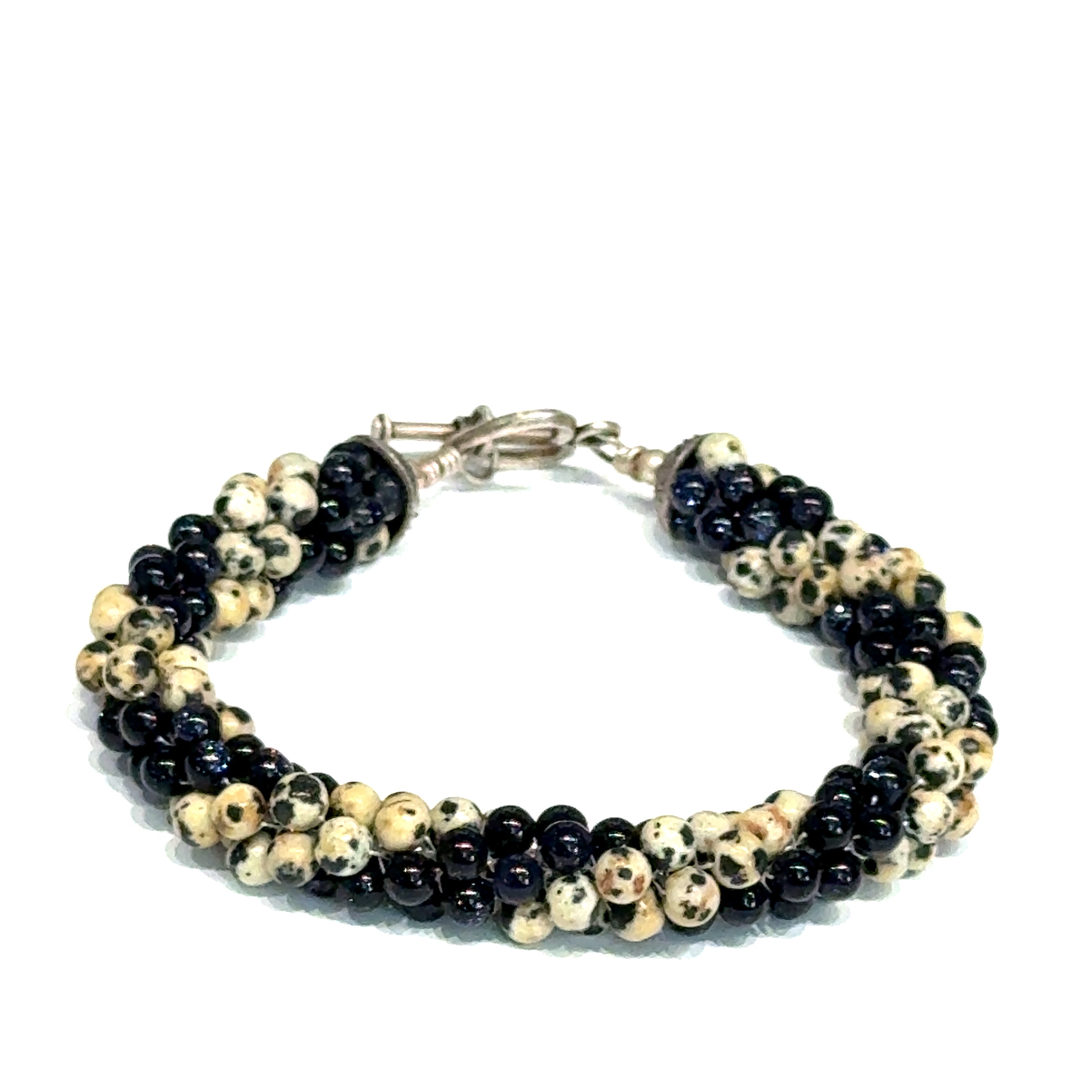 Dalmatian Jasper & Blue Goldstone Spiral Crochet Bracelet | 7" Sterling Silver