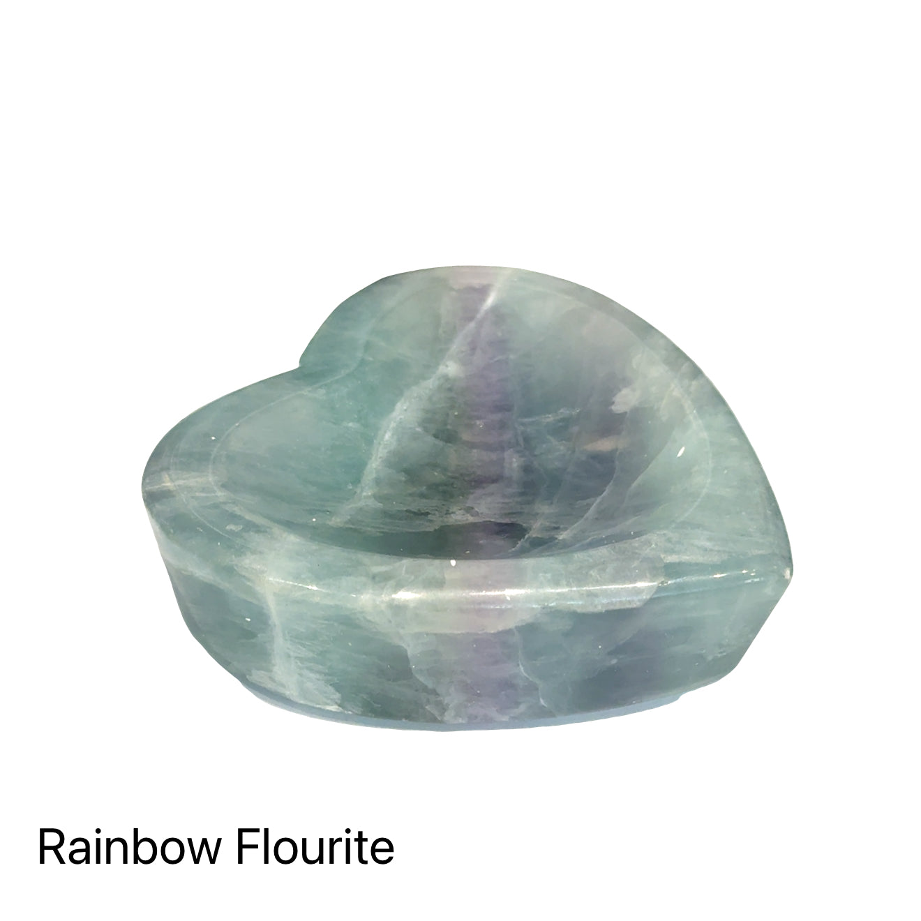 #2 Rainbow Fluorite gemstone heart-carved bowl on a white background, front view. 
