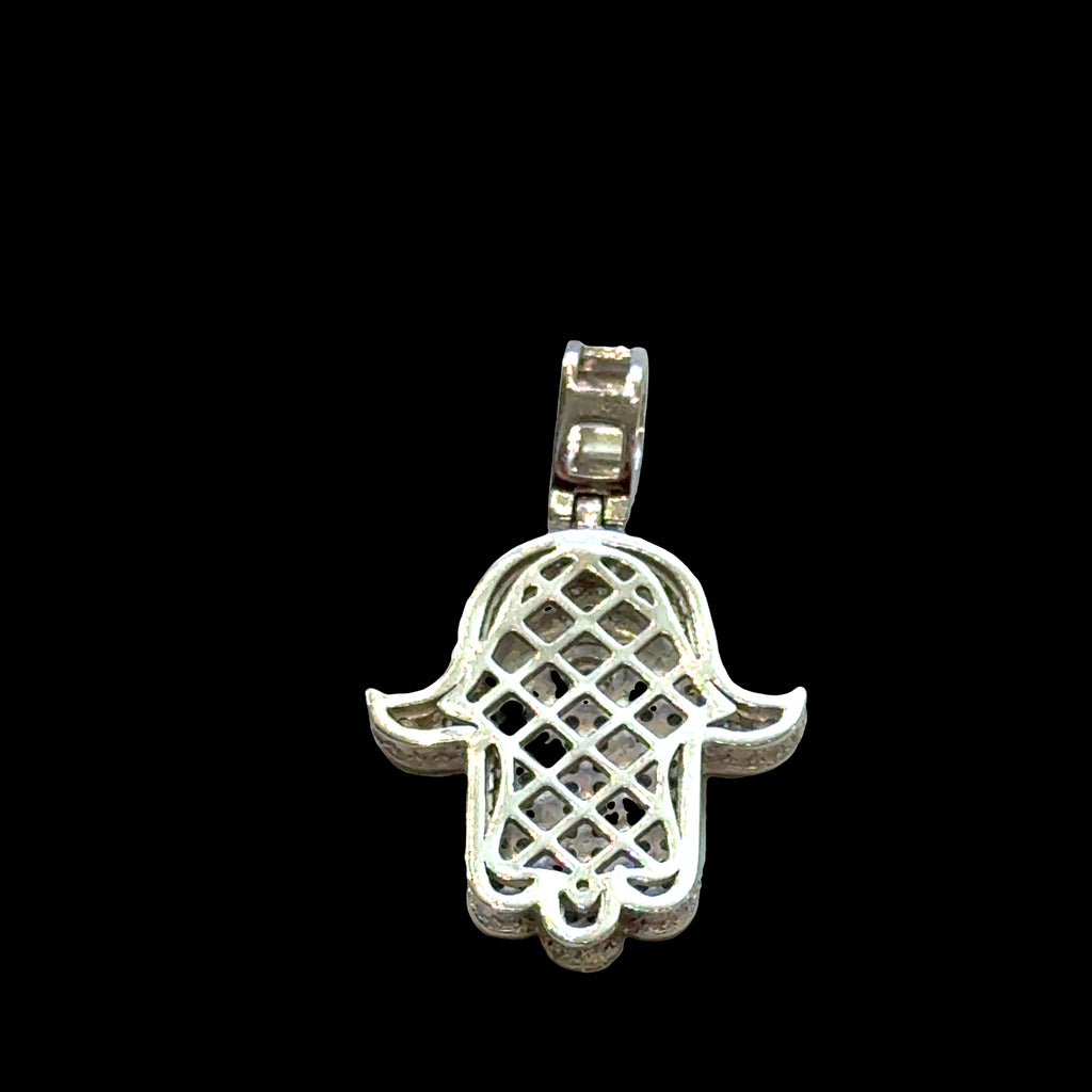 #2 Silver Hamsa hand pendant with eye design on a black background, back view.
