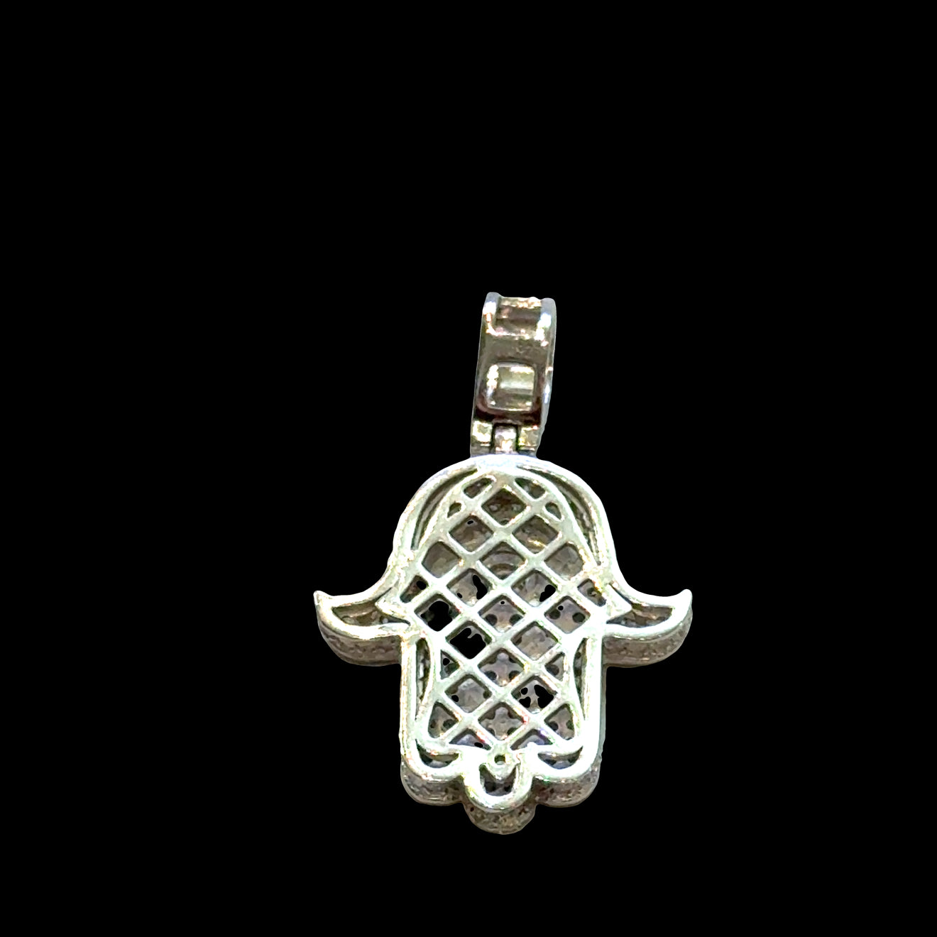 #2 Silver Hamsa hand pendant with eye design on a black background, back view.