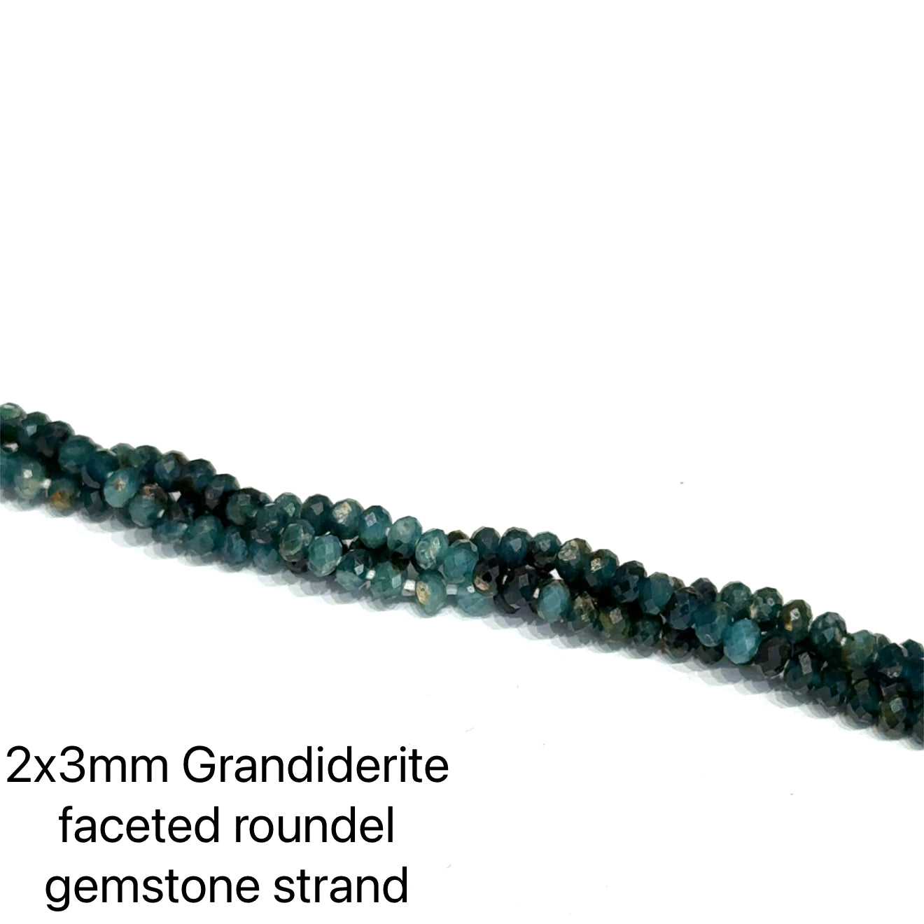 2x3mm Grandiderite faceted roundel gemstone strand on a white background, on a white background, front view.