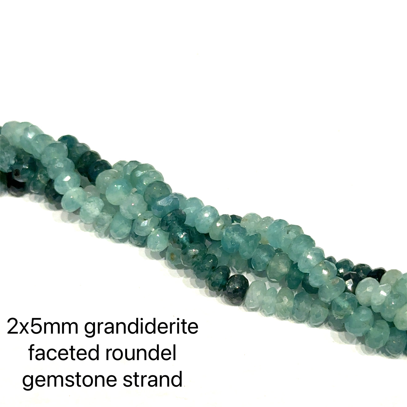 2x5mm Grandiderite faceted roundel gemstone strand on a white background, on a white background, front view.