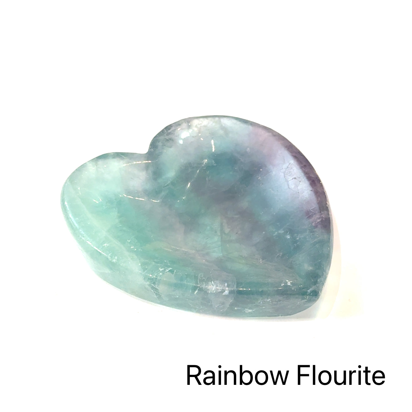 #3 Rainbow Fluorite gemstone heart-carved bowl on a white background, front view. 