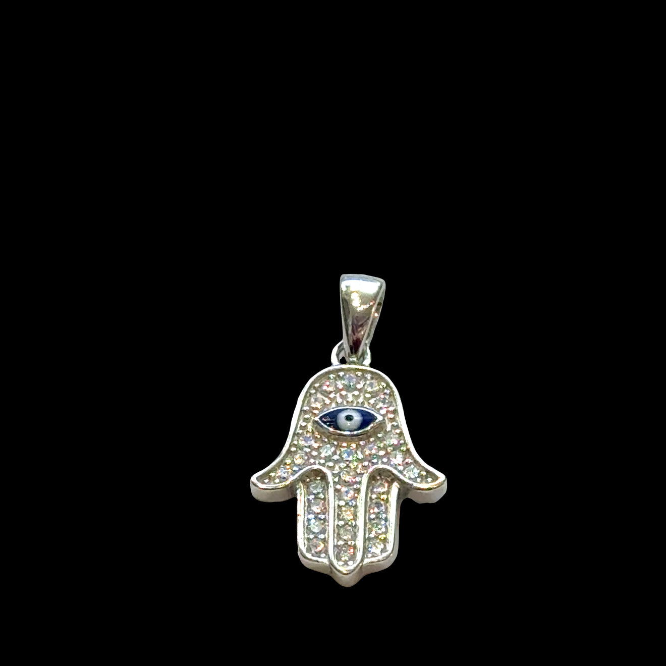 #3 Silver Hamsa hand pendant with eye design on a black background, front view.