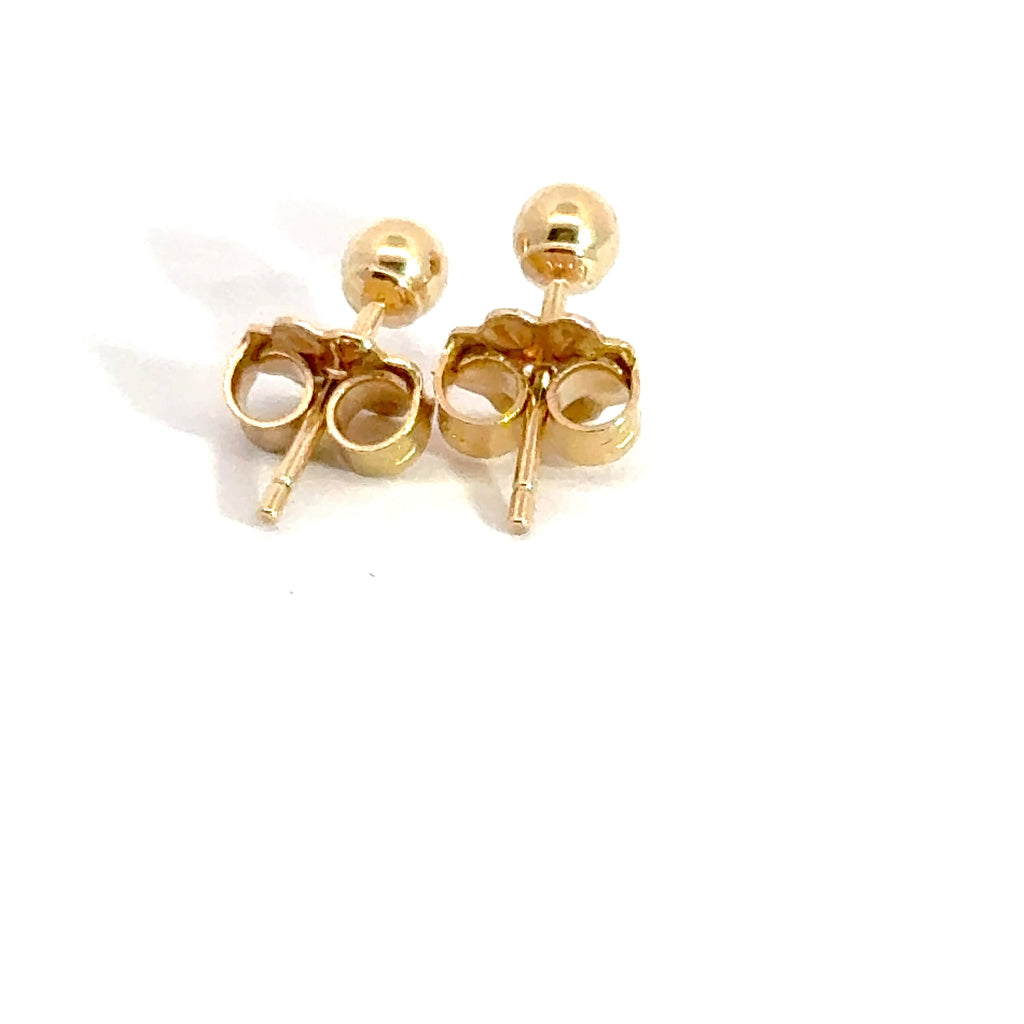 3mm 14kt gold ball stud earrings on a white background, backside overview.