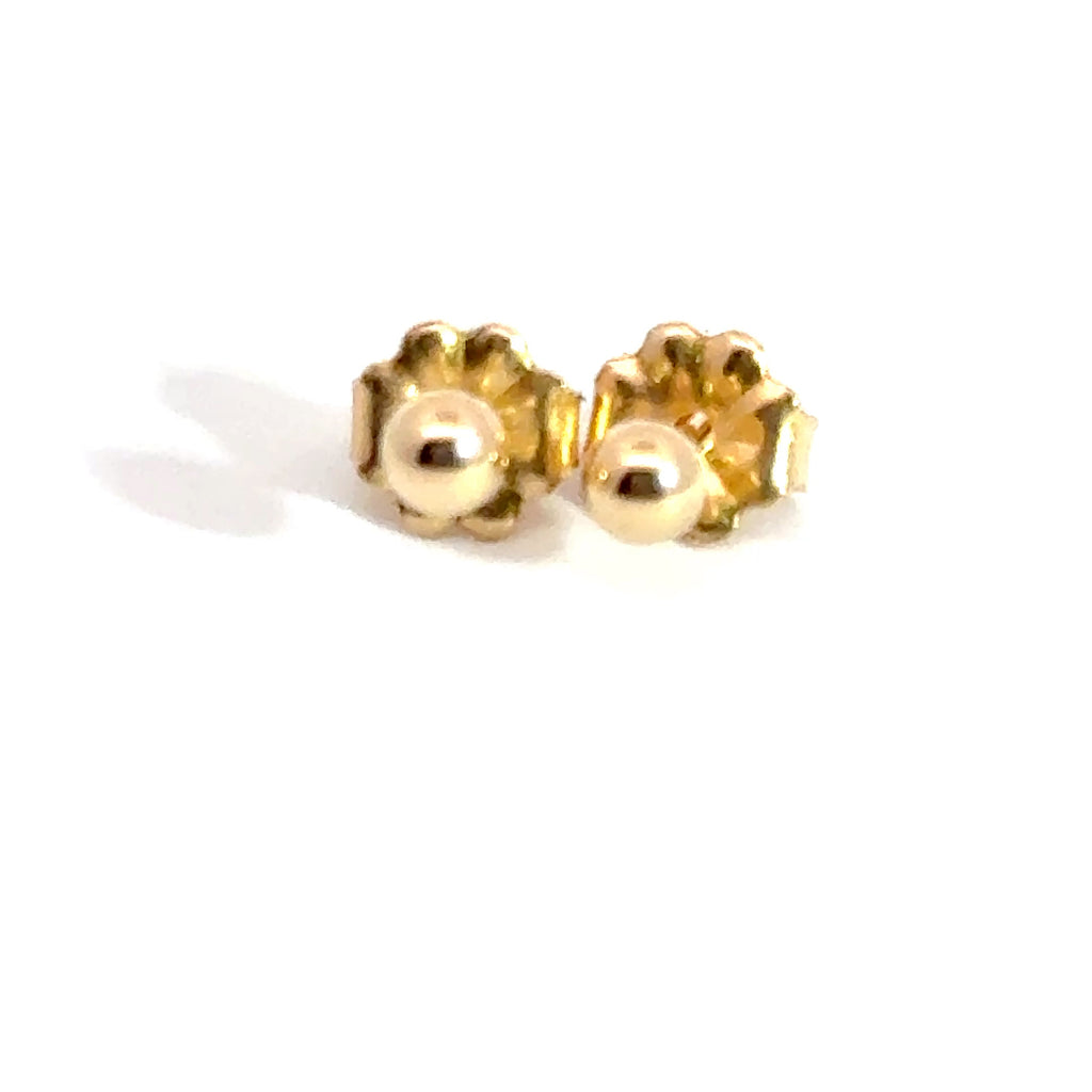 3mm 14kt gold ball stud earrings on a white background, front view.