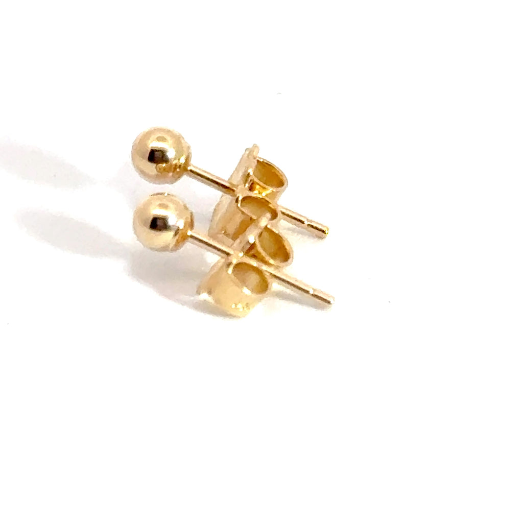 3mm 14kt gold ball stud earrings on white background left side overview.