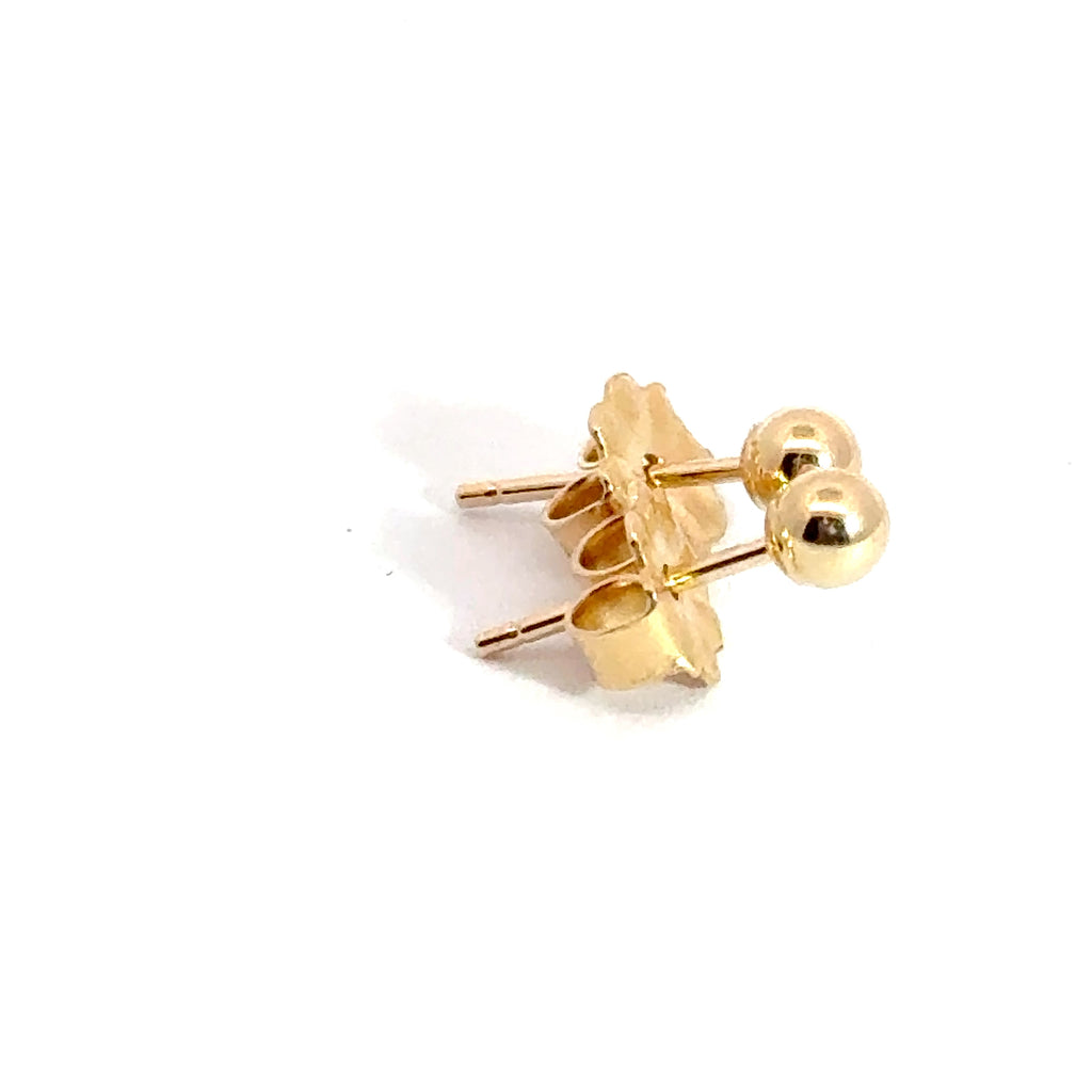3mm 14kt gold ball stud earrings on white background right side overview.