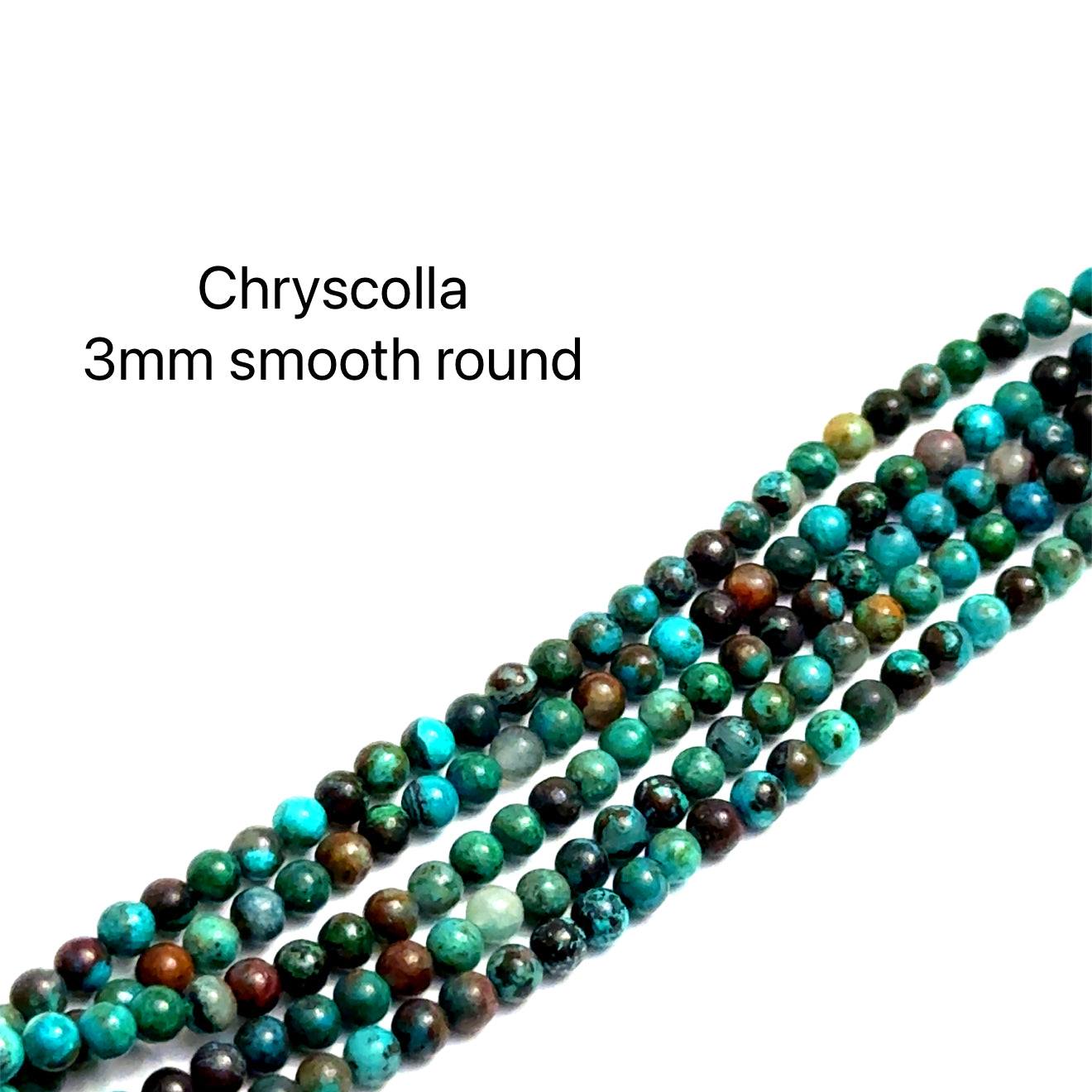 3mm Chrysocolla smooth round gemstone strand, on a white background, overview. 
