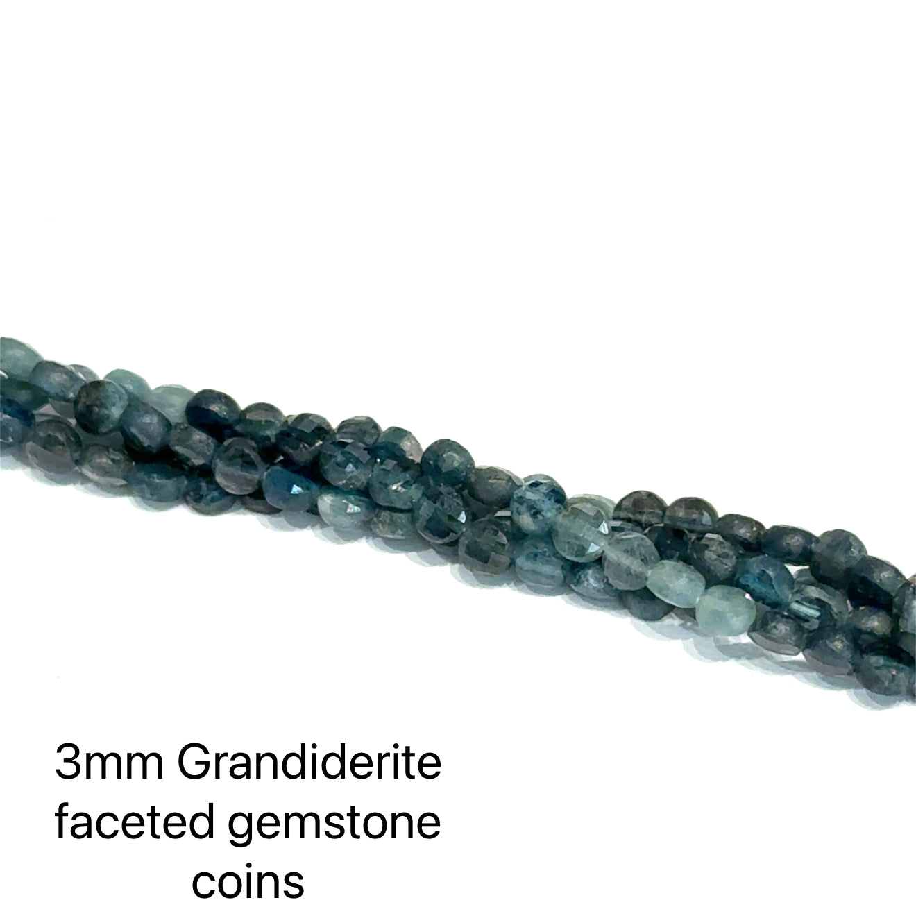 3mm Grandiderite faceted coins gemstone strand on a white background, on a white background, front view.