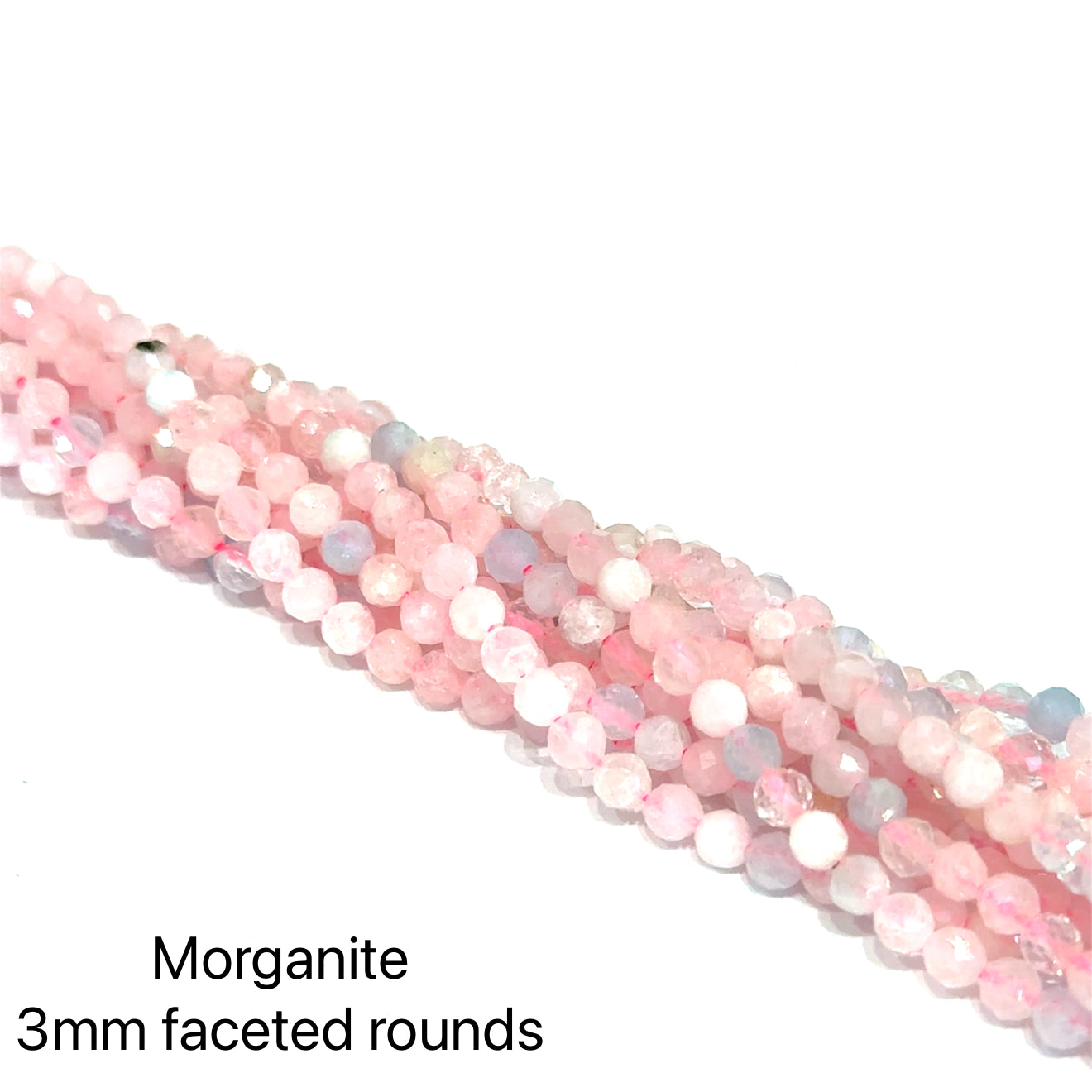 3mm Morganite gemstone strand with soft pink, blue, and peach round faceted 16'' strands  on a white background, front overview.