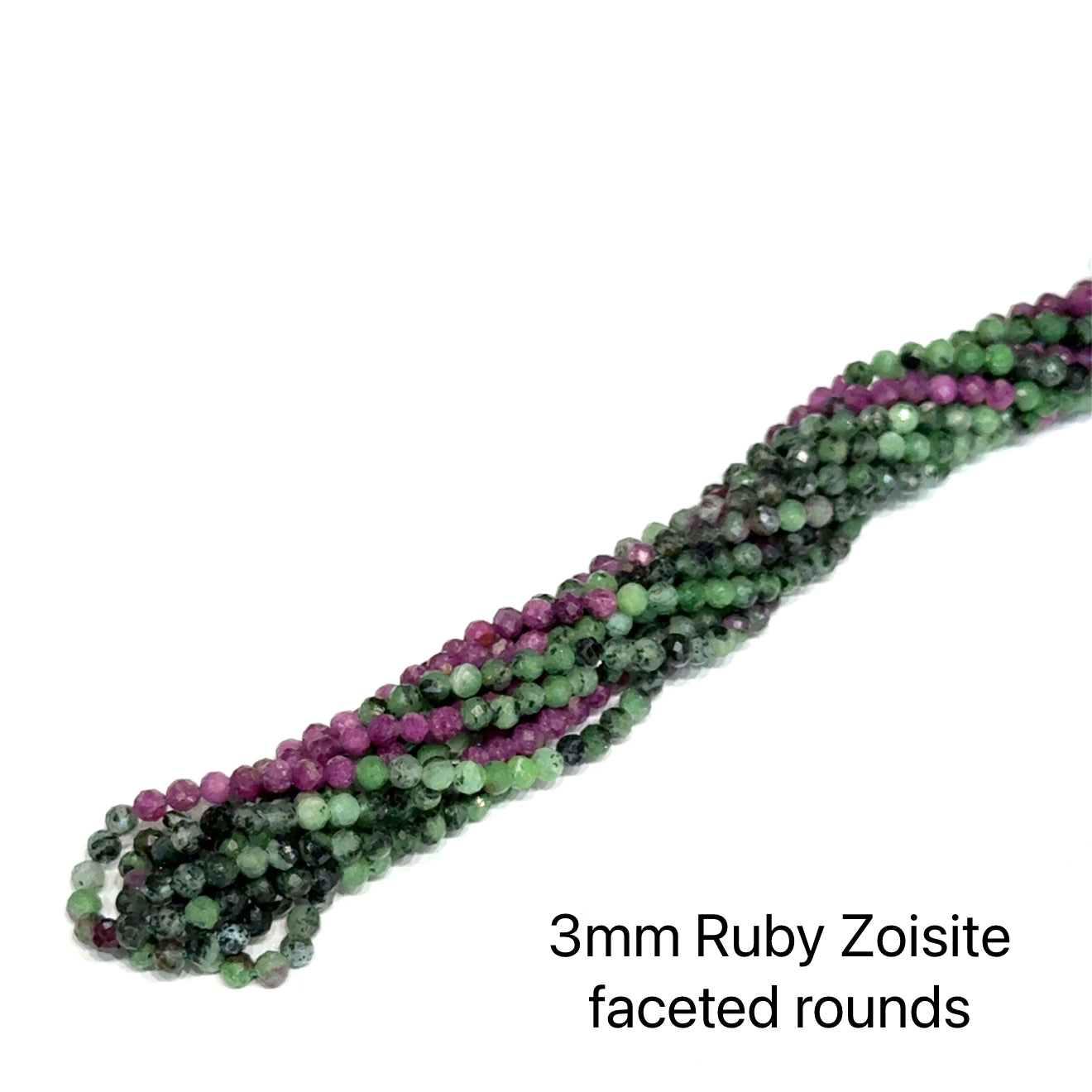 3mm Natural ruby zoisite faceted round gemstone strand with green zoisite and red ruby for heart chakra vitality and passion on a white background, front overview. 