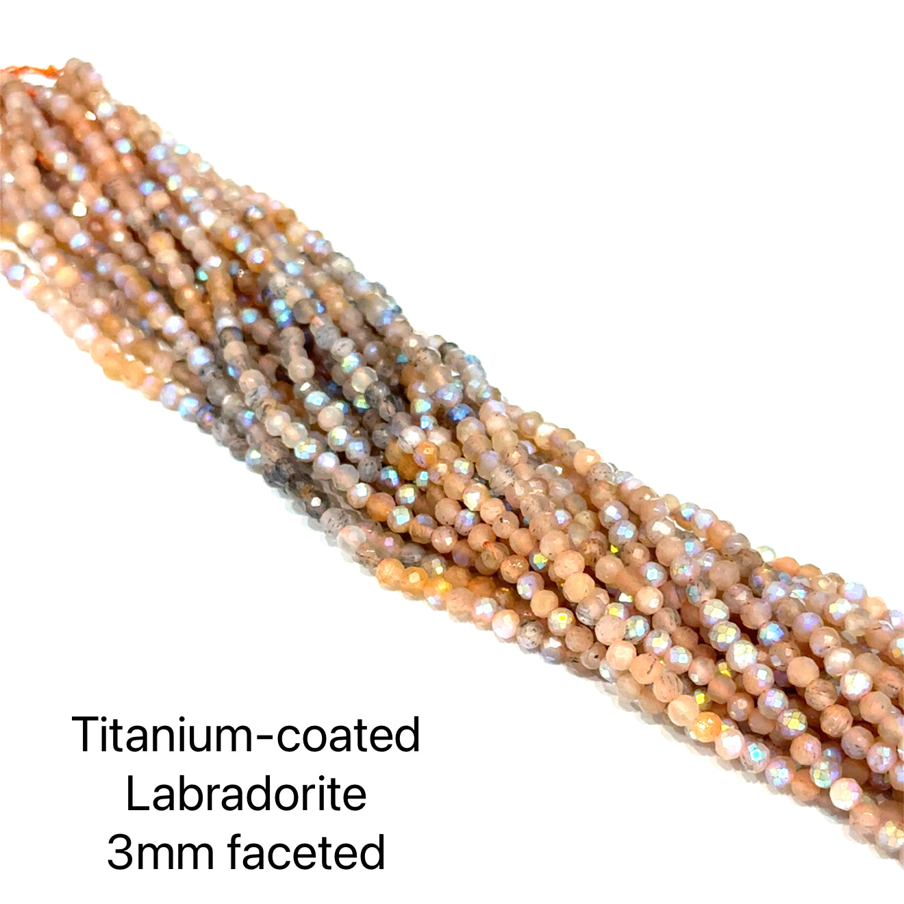 3mm faceted round Titabium-coated Labradorite beads on a white background, front overview. 