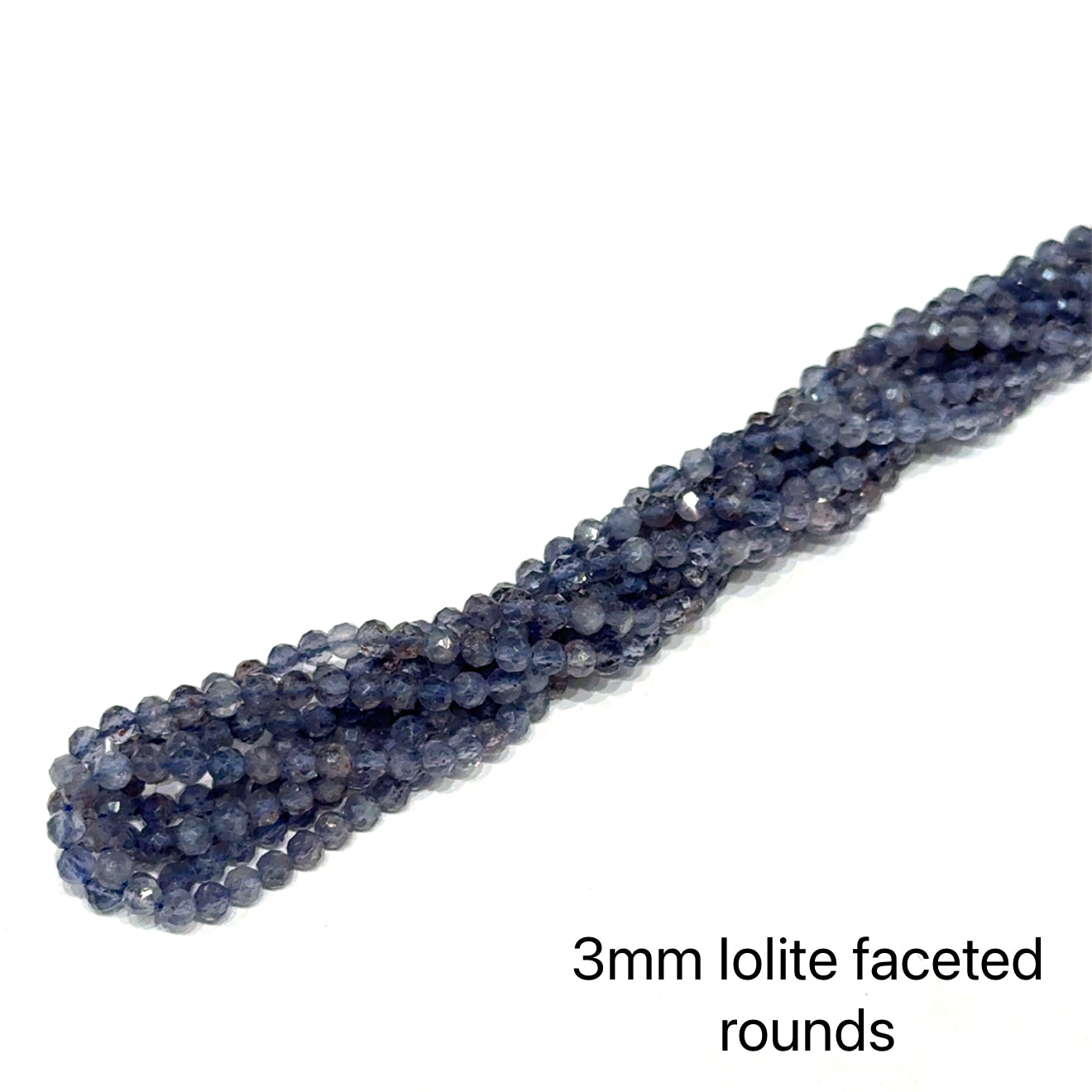 3mm faceted rounds Natural iolite gemstone strand in deep blue for third eye chakra activation and intuition on a white background, front over view.