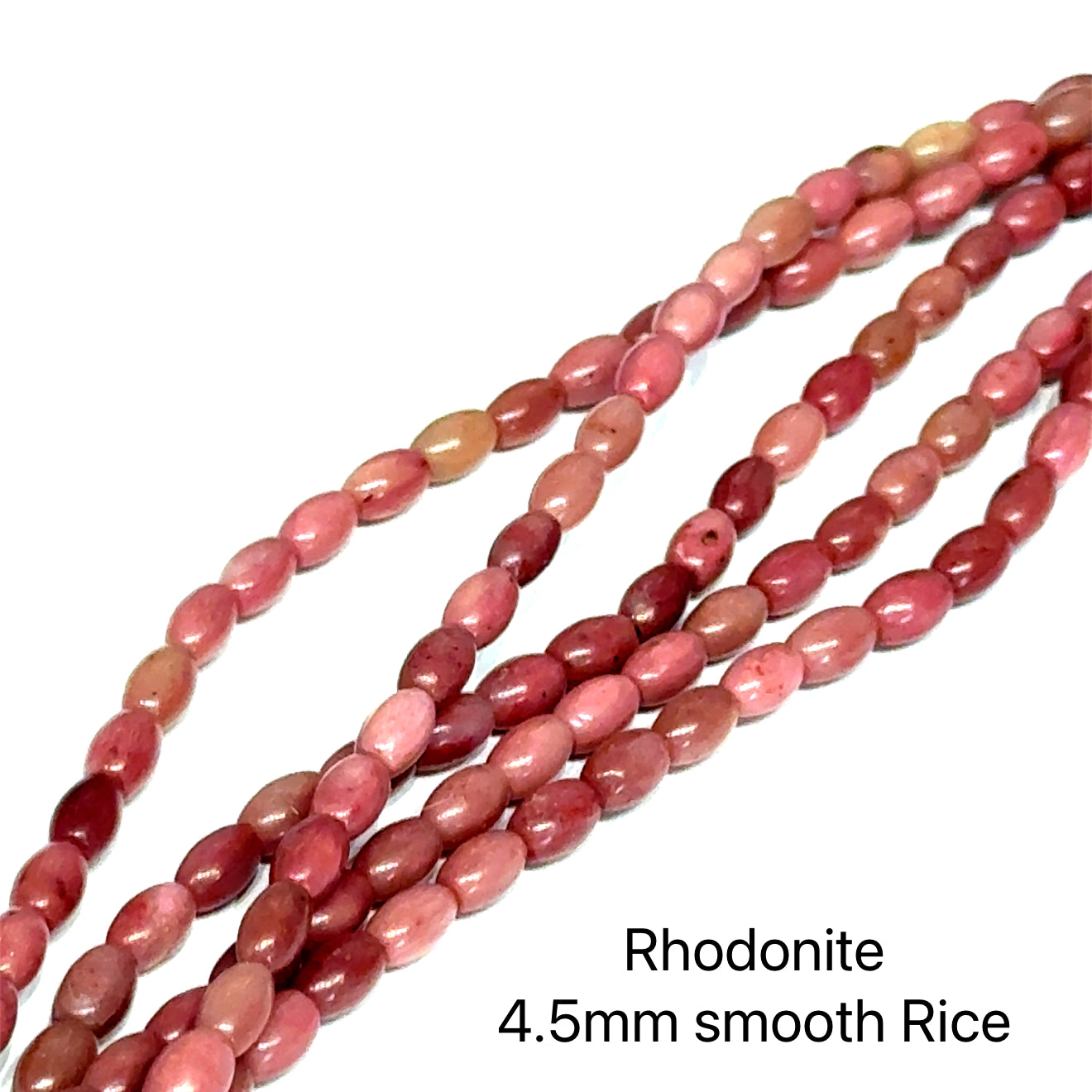 4,5mm Rhodonite smooth rice gemstone strand, on a white background, front overview. 
