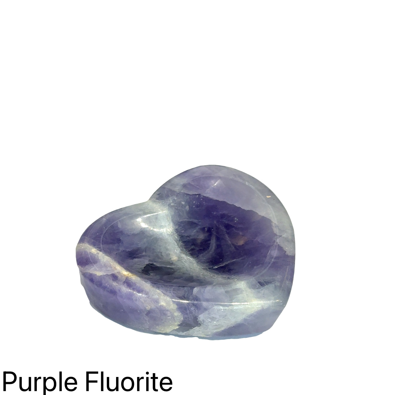 #4 Purple Fluorite gemstone heart-carved bowl on a white background, front view. 
