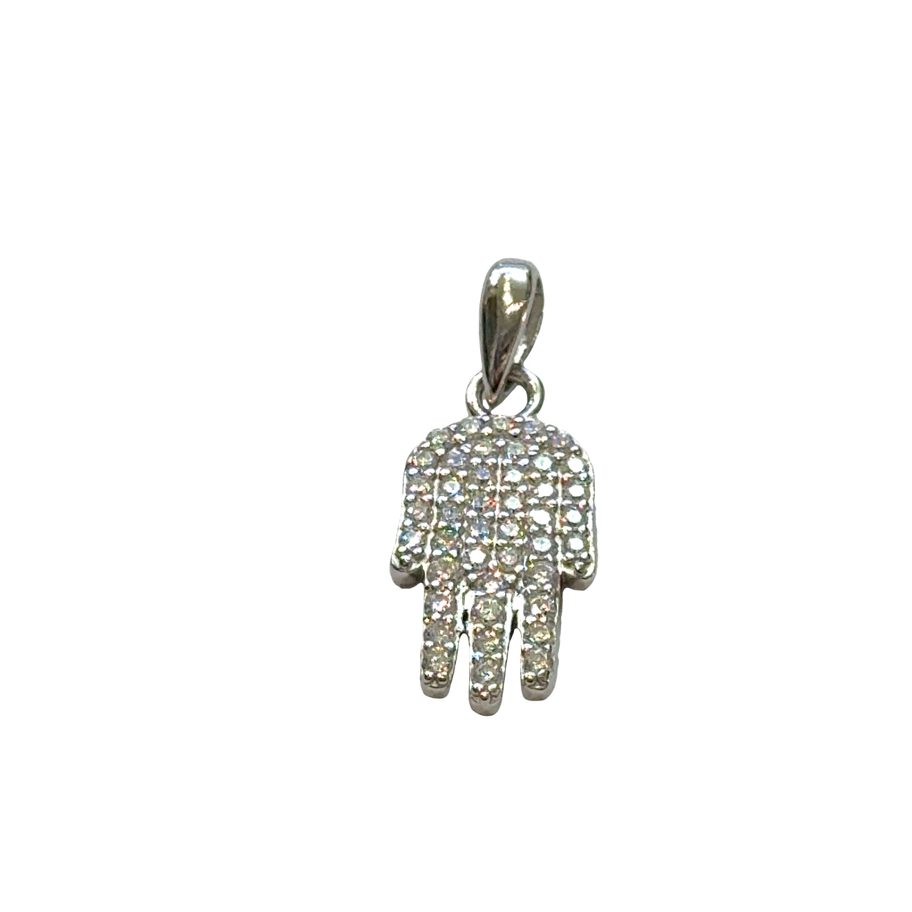 #4 Silver Hamsa hand pendant with eye design on a black background, front view.