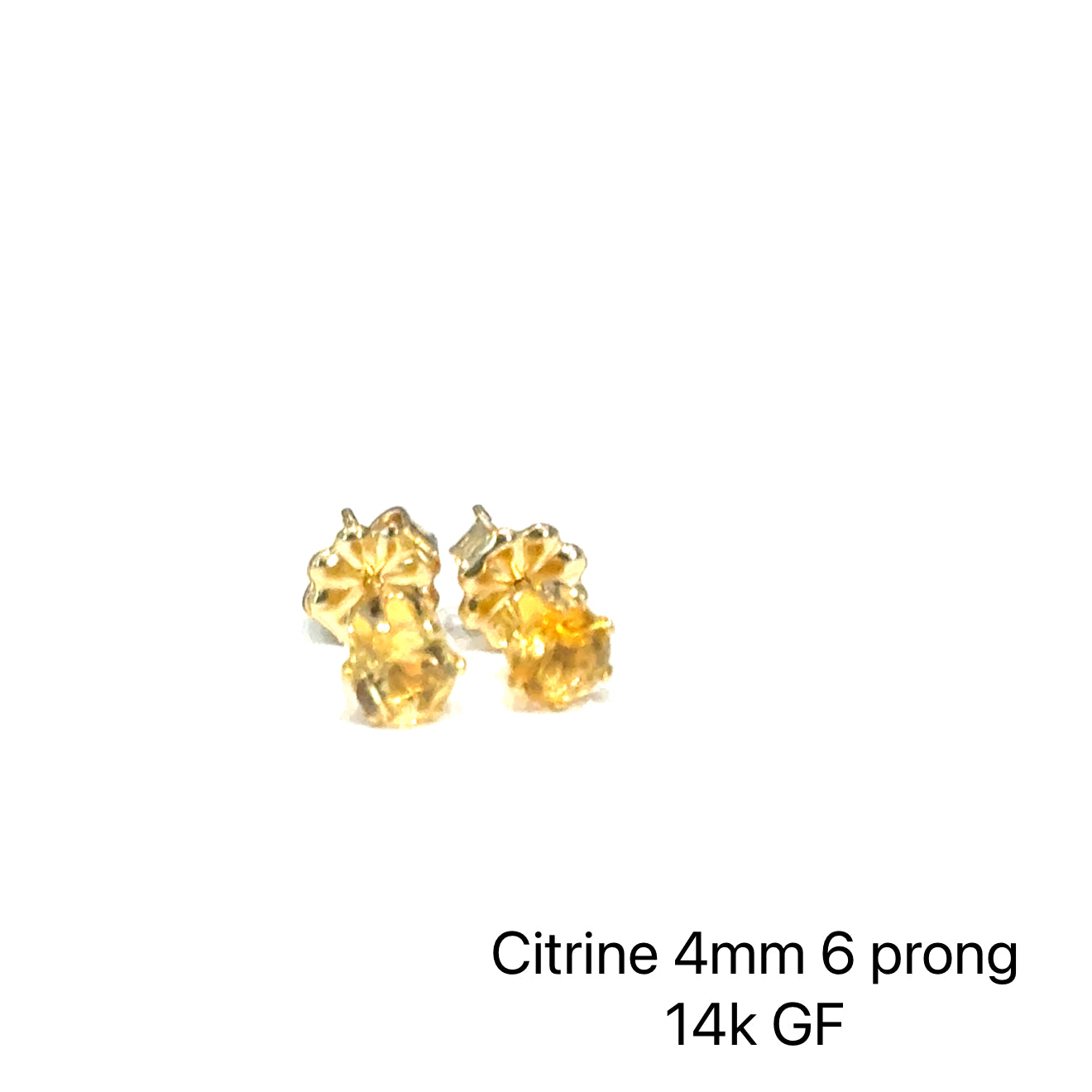 4 mm faceted citrine stud earrings in gold-filled 6-prong basket setting on a white background front view.