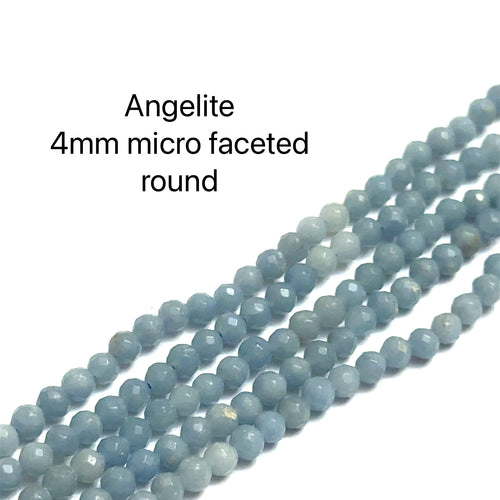 4mm Angelite micro faceted round gemstone strand, on a white background, front view. 