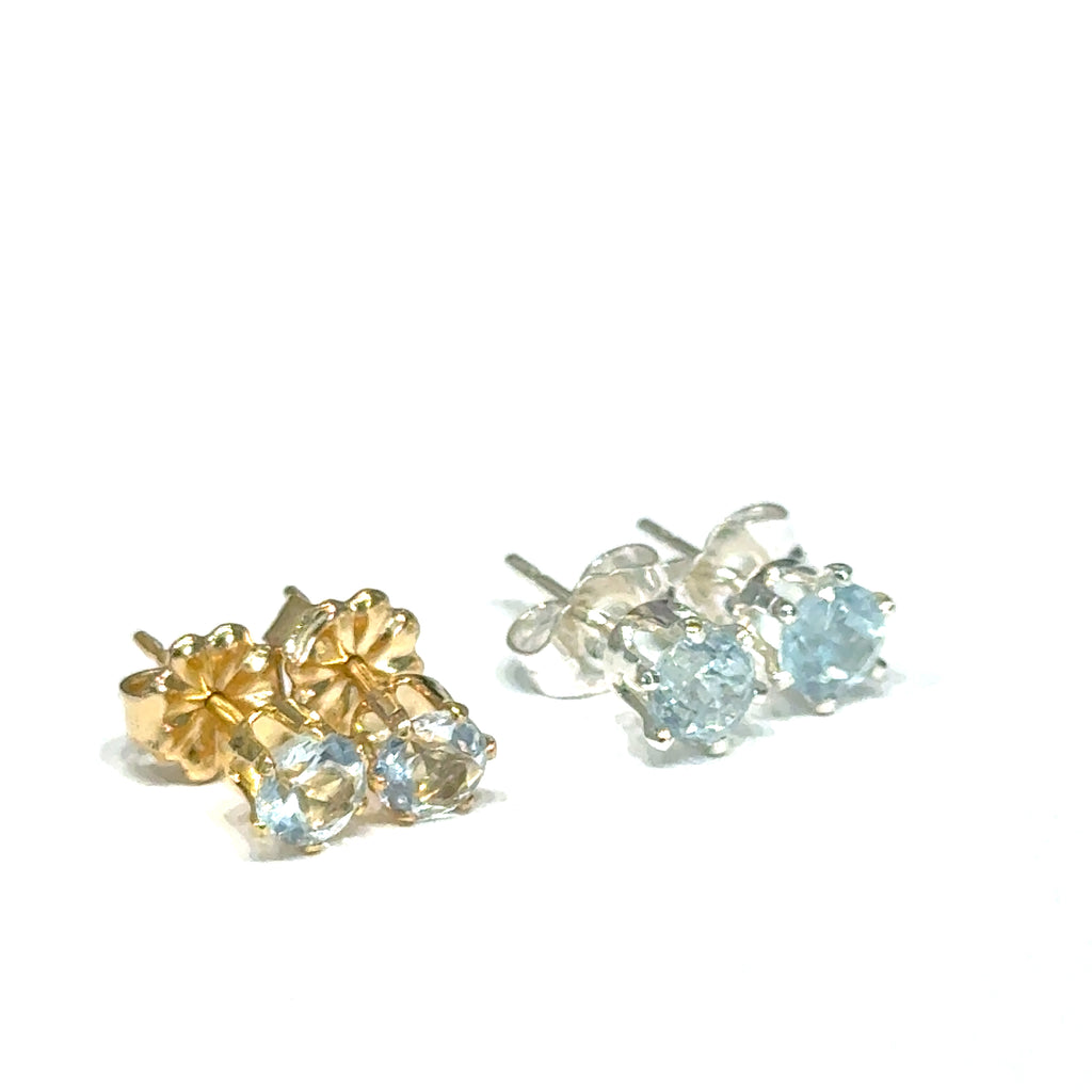 4mm Faceted Semi‑Precious Gemstone Post Earrings on white grouping of both sterling silver and gold filled studs center overview