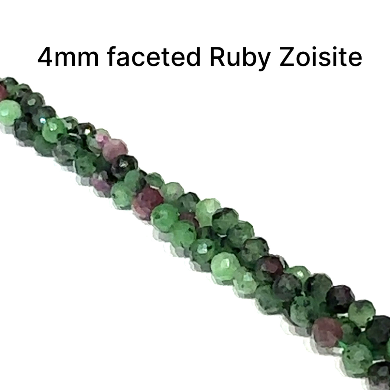 4mm Natural ruby zoisite faceted round gemstone strand with green zoisite and red ruby for heart chakra vitality and passion on a white background, front overview. 