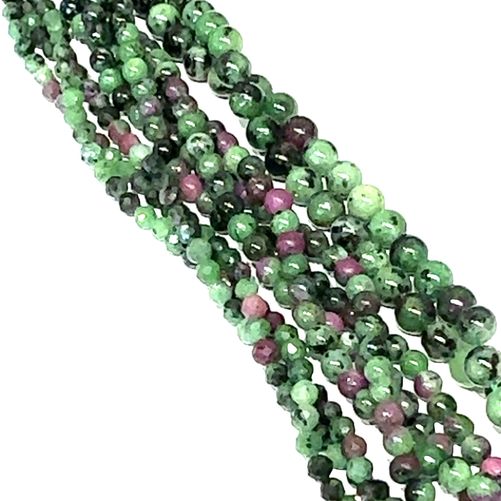 4mm Natural ruby zoisite smooth round gemstone strand with green zoisite and red ruby for heart chakra vitality and passion on a white background, front overview. 
