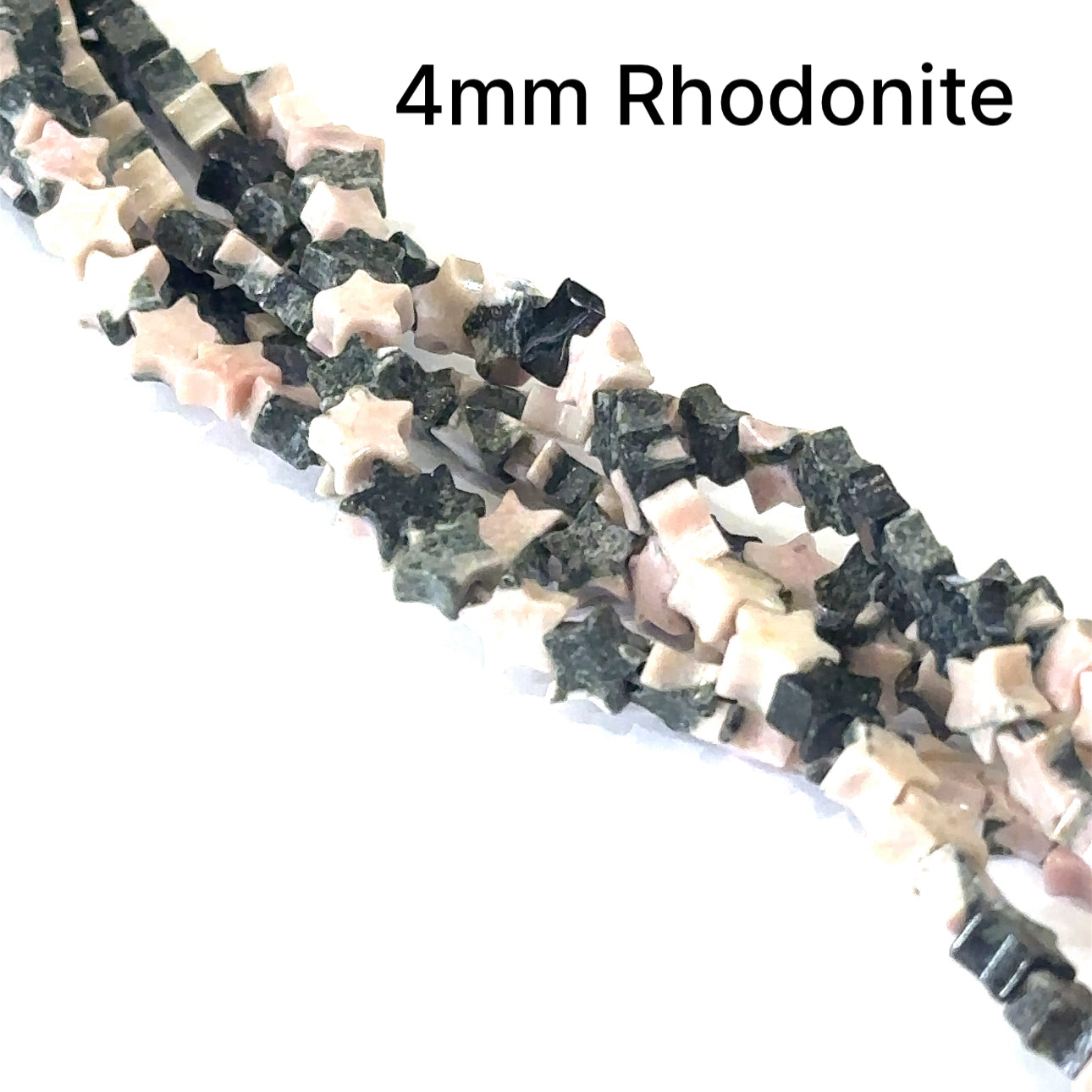 4mm Rhodonite smooth star gemstone strands, front overview. 