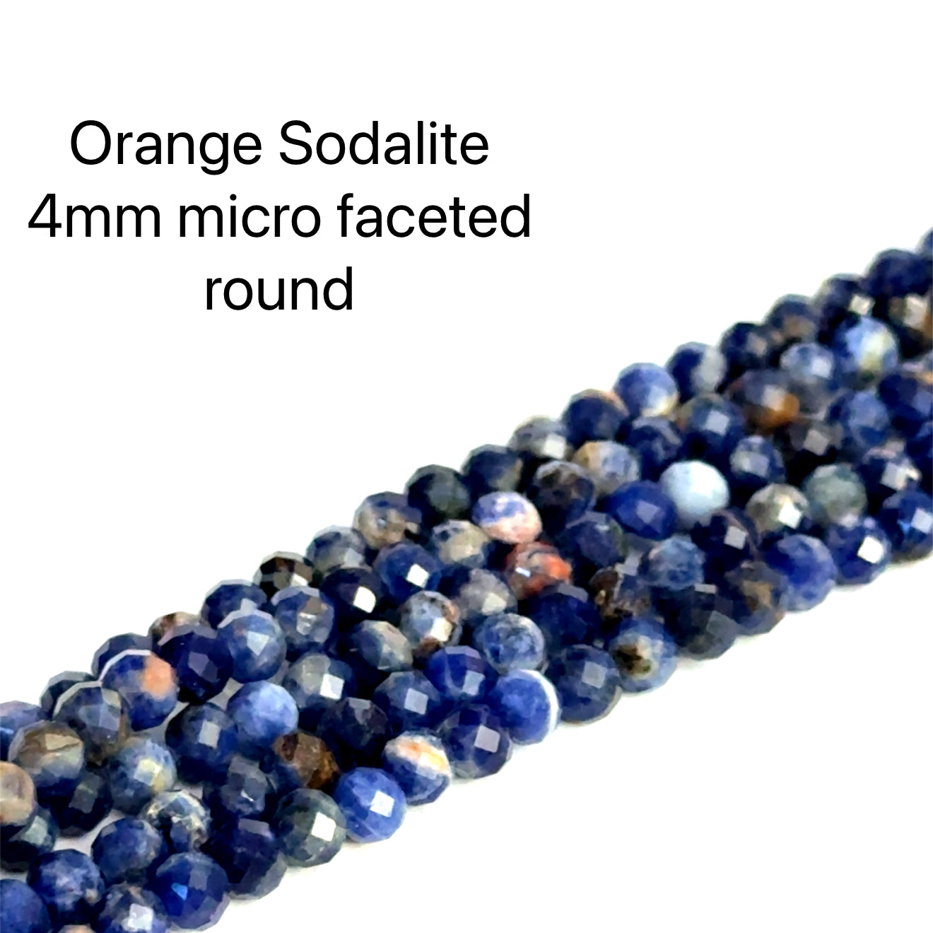 4mm  Sodalite micro faceted round gemstone strand on a white background, front close up  overview.