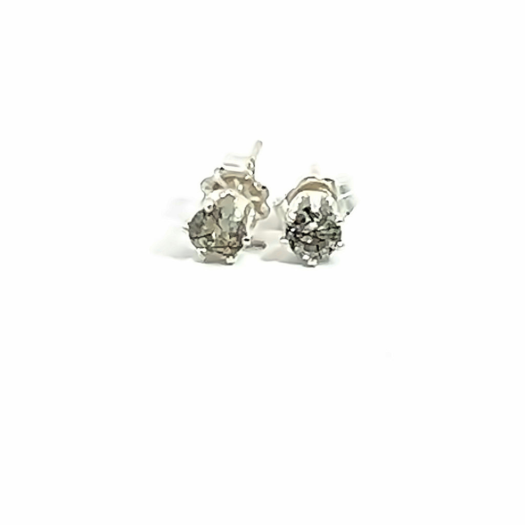4mm faceted Rutilated Quartz stud earrings in a sterling silver basket setting on a white background front overview.