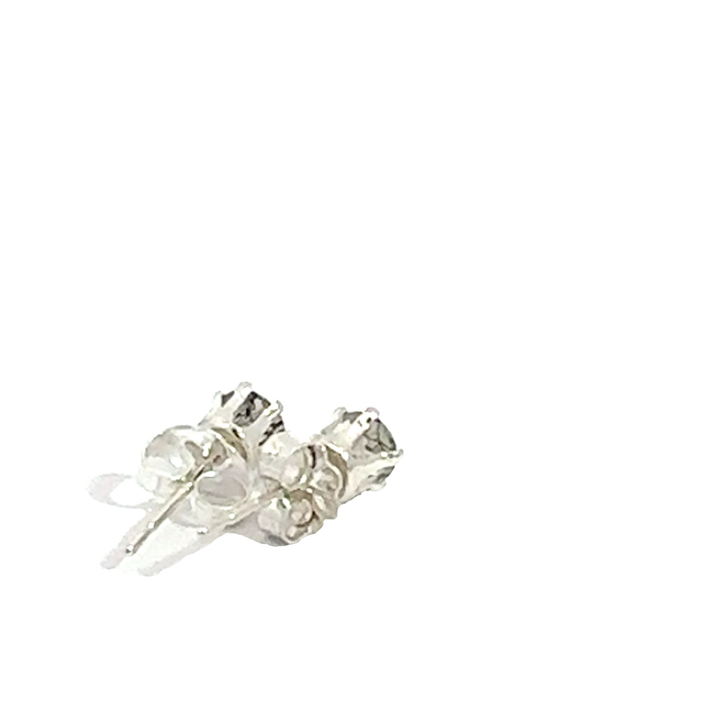 4mm faceted Rutilated Quartz stud earrings in sterling silver basket setting on a white background close up left back angle overview.
