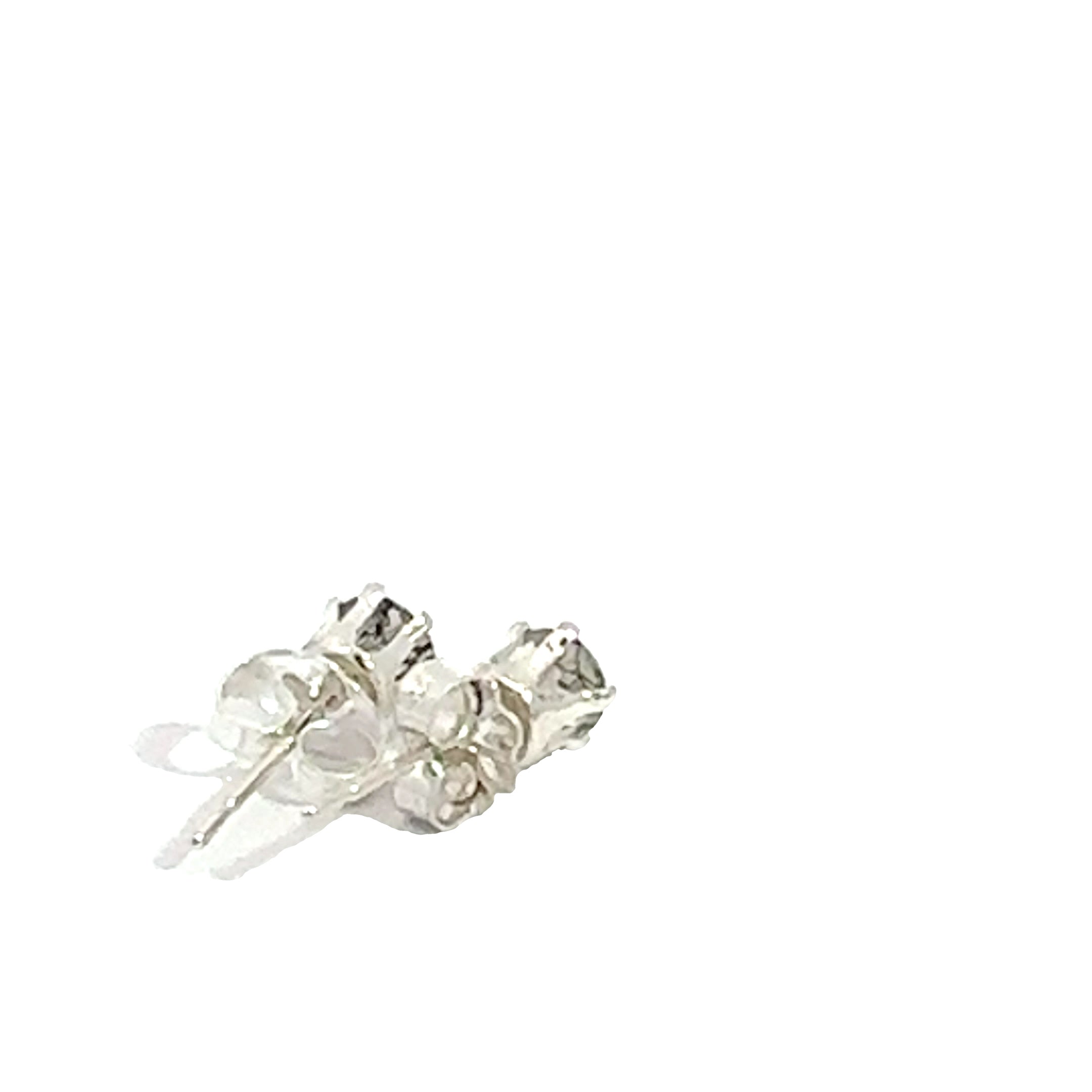 4mm faceted Rutilated Quartz stud earrings in sterling silver basket setting on a white background close up left back angle overview.