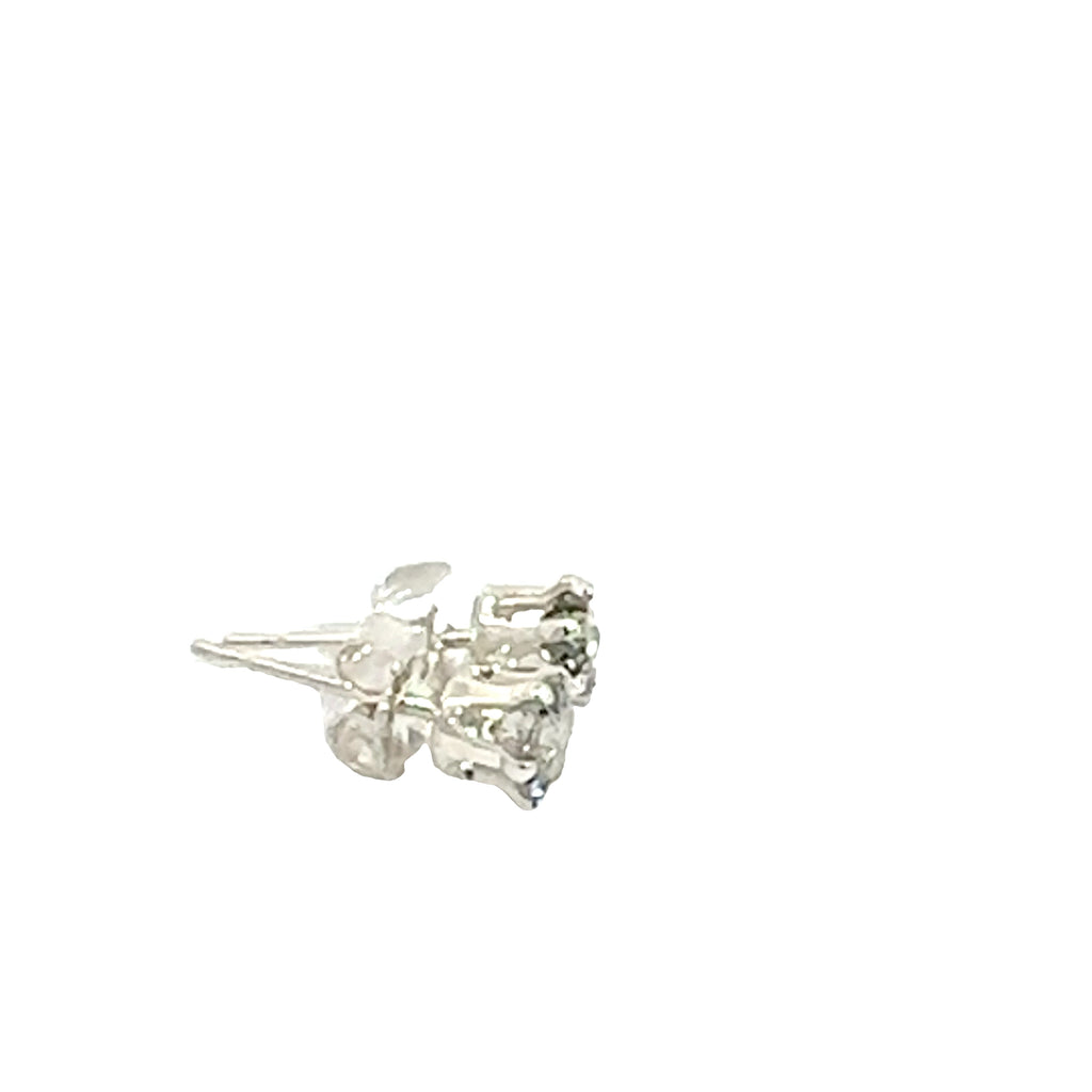 4mm faceted Rutilated Quartz stud earrings in sterling silver basket setting on a white background close up right side overview.