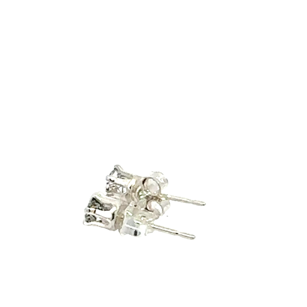 4mm faceted Rutilated Quartz stud earrings in sterling silver basket setting on a white background left back angle overview.