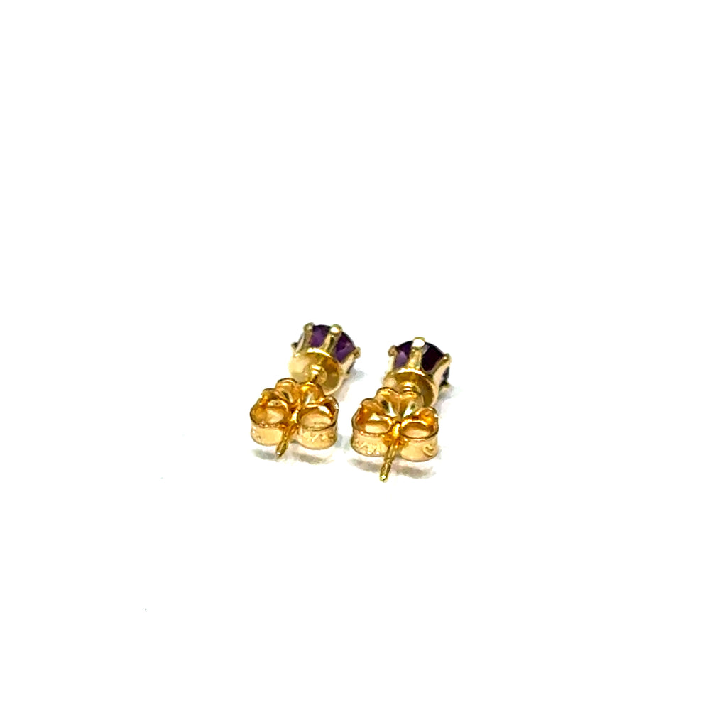 4mm faceted round Amethyst stud earrings in gold filled 6-prong setting on a white background back side overview.