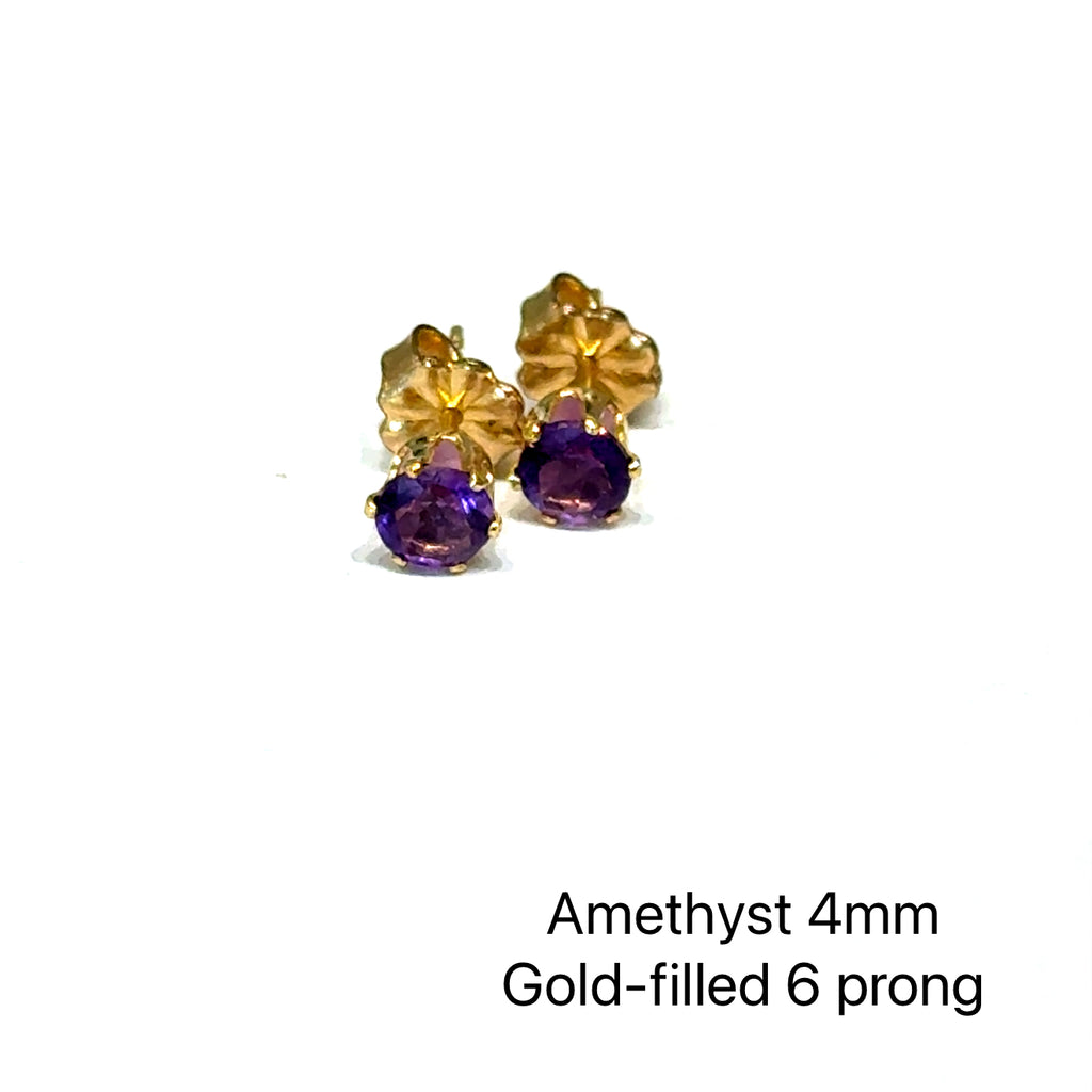 4mm faceted round Amethyst stud earrings in gold filled 6-prong setting on a white background front overview.