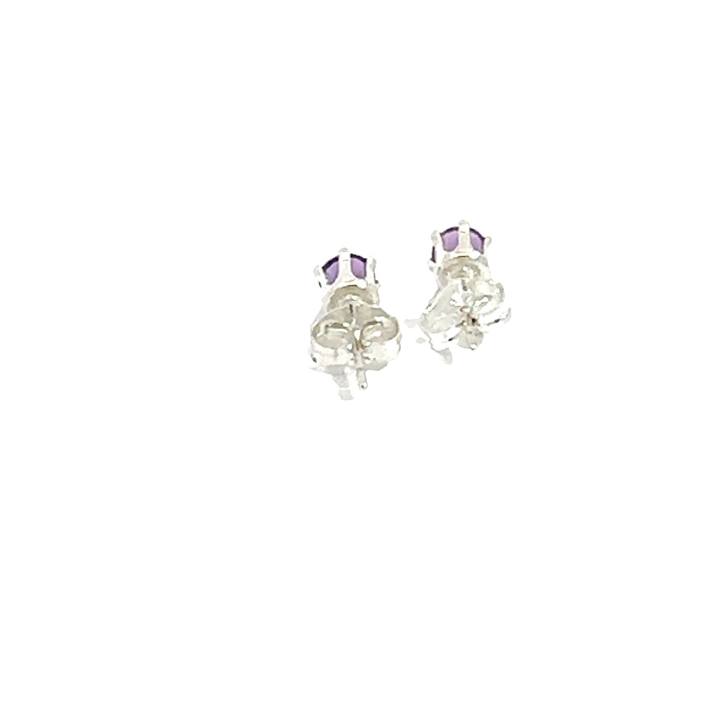 4mm faceted round Amethyst stud earrings in sterling silver 6-prong setting on a white background back side overview.