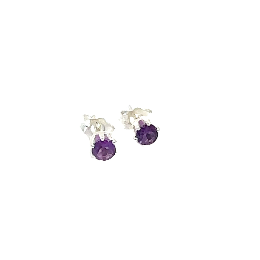 4mm faceted round Amethyst stud earrings in sterling silver 6-prong setting on a white background front overview.