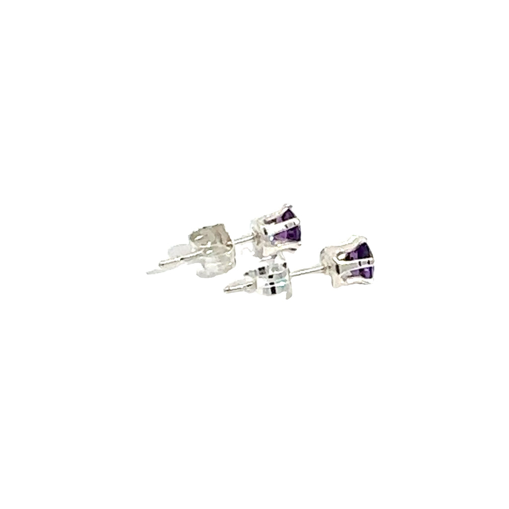 4mm faceted round Amethyst stud earrings in sterling silver 6-prong setting on a white background right side overview.
