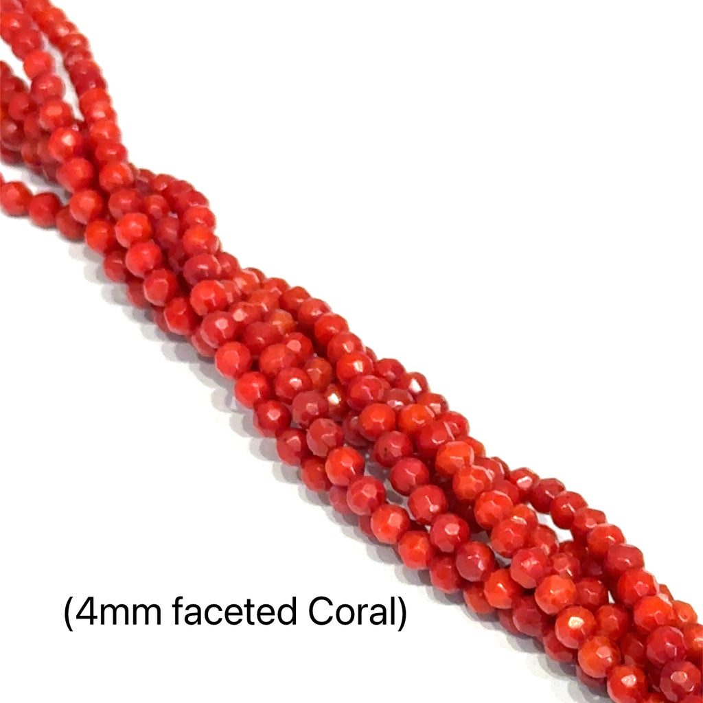4mm faceted round Red Coral Gemstone Strand – 16" on white long view