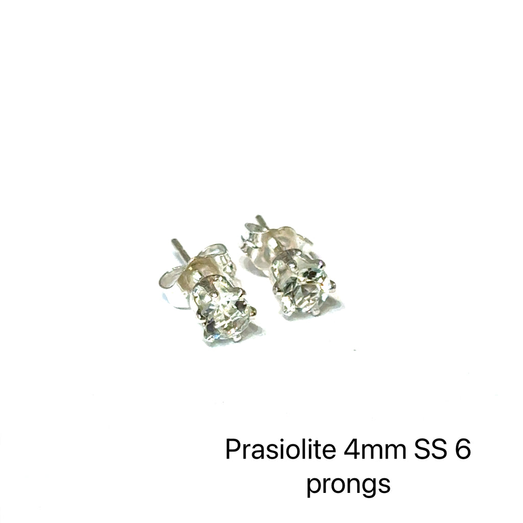 4mm round Prasiolite Green Amethyst stud earrings in sterling silver double prong setting on white background slight right angle overview.
