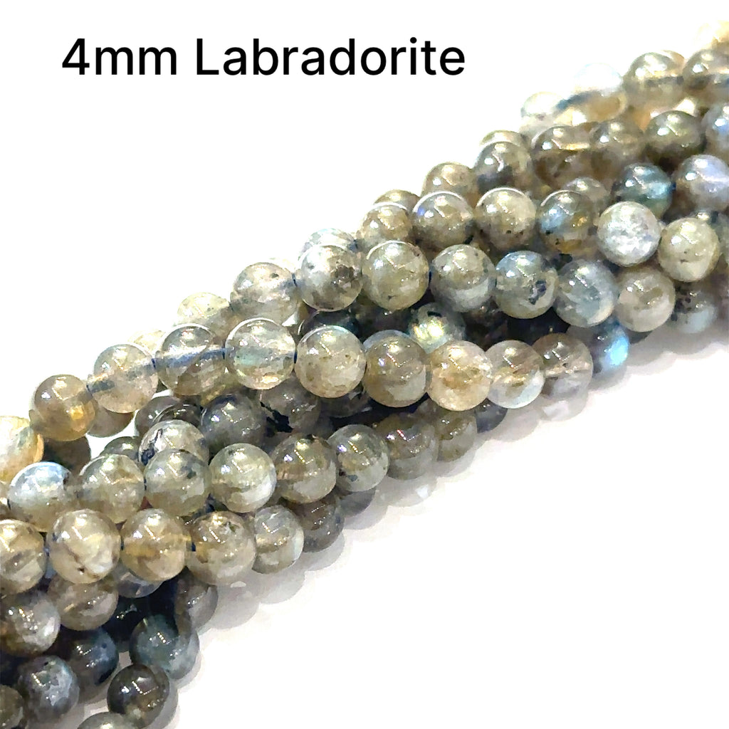 4mm smooth round black Labradorite beads on a white background, front overview.