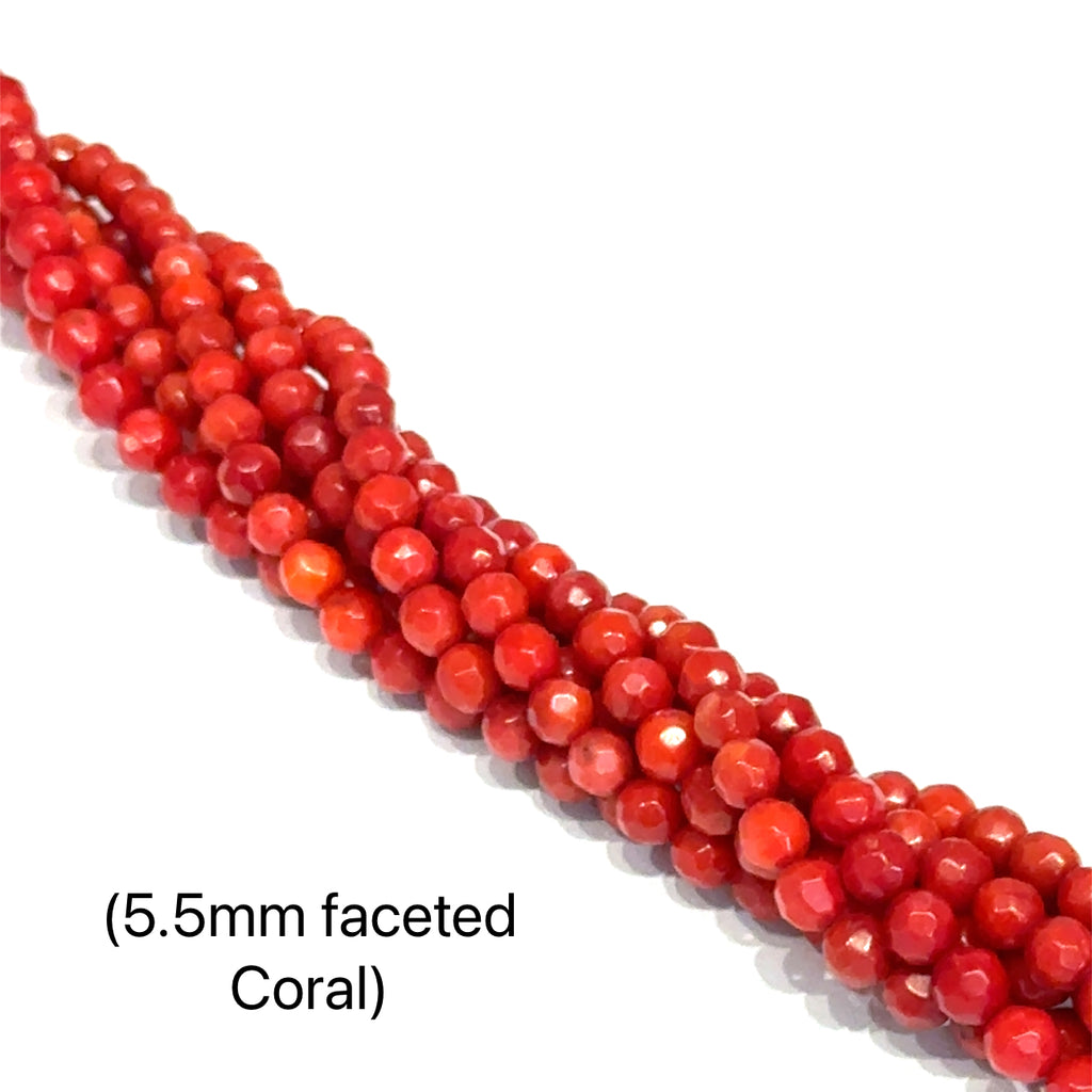 5.5mm faceted round Red Coral Gemstone Strand – 16" on white long view