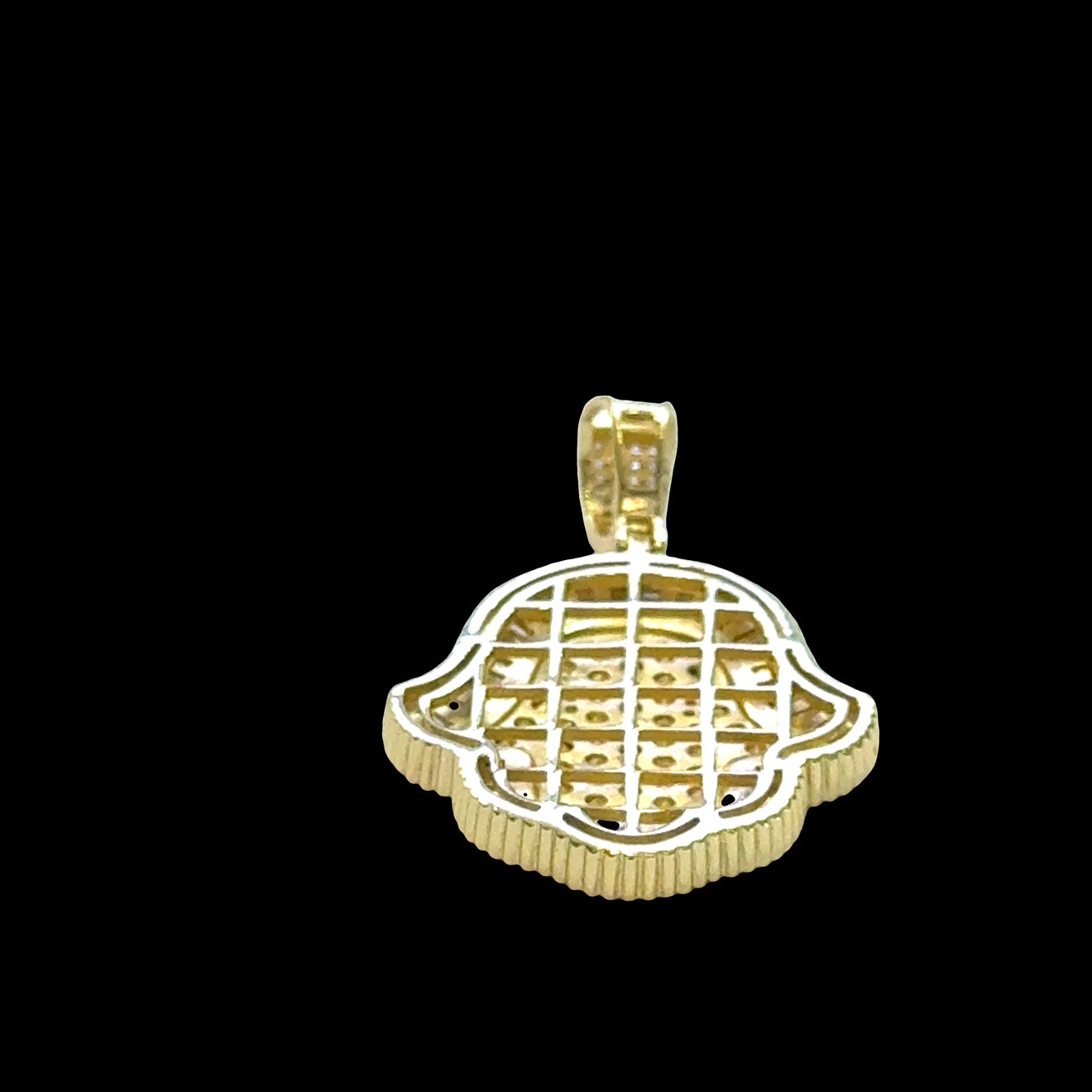 #5 Gold Plated (over Sterling Siver) Hamsa hand pendant design on a background, back overview.