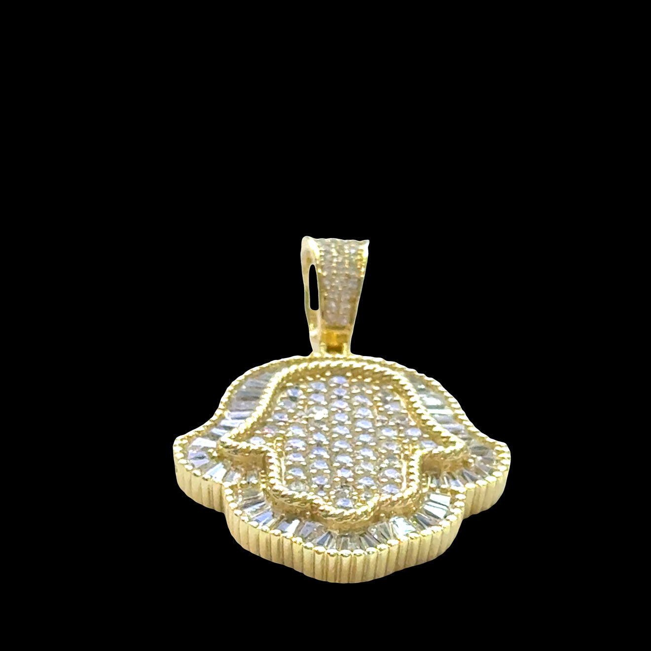 #5 Gold Plated (over Sterling Siver) Hamsa hand pendant design on a background, front overview.