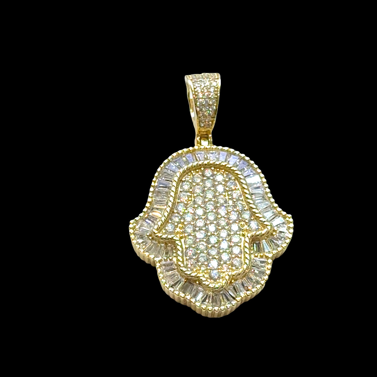 #5 Gold Plated (over Sterling Siver) Hamsa hand pendant design on a black background, front view.