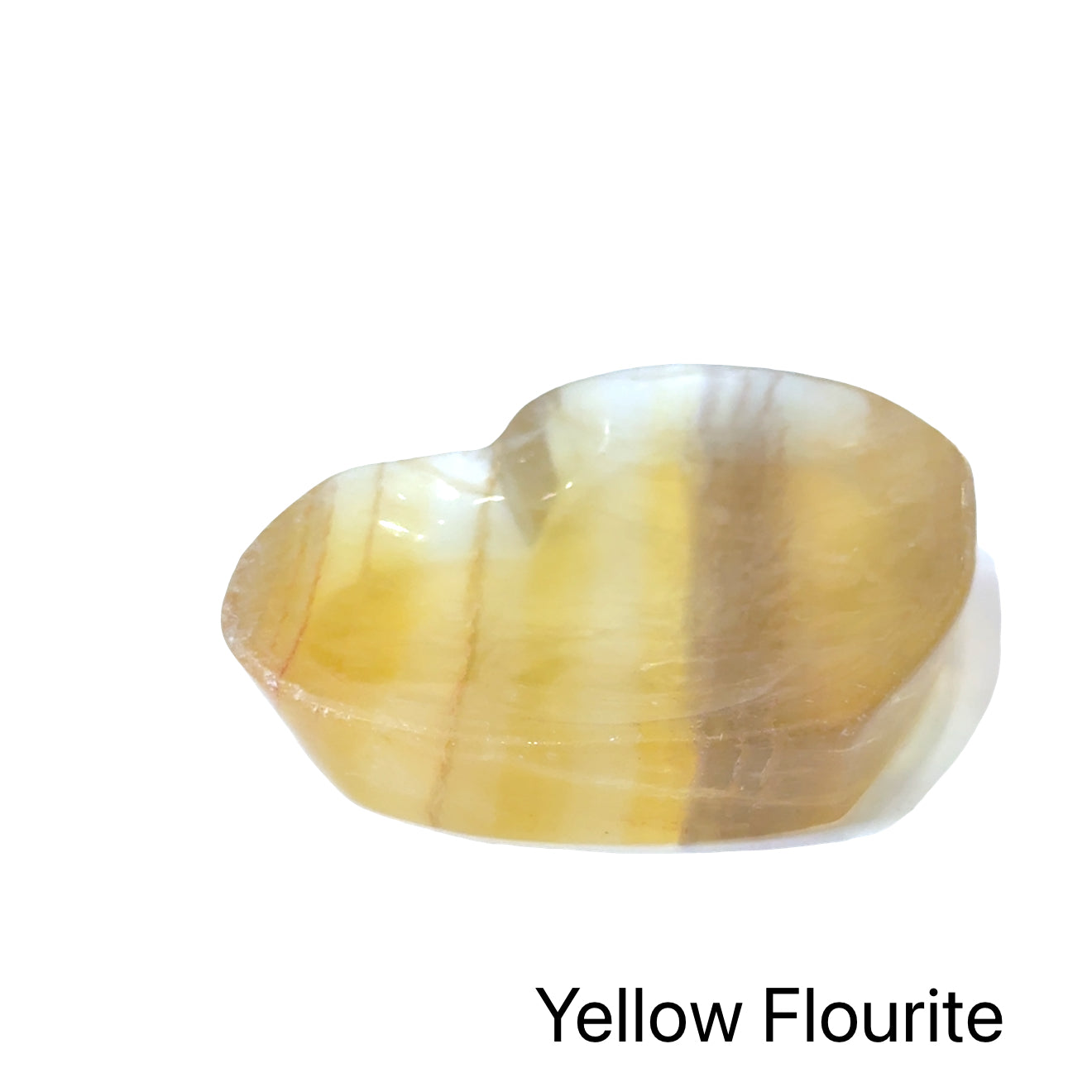 #5 Yellow Fluorite gemstone heart-carved bowl on a white background, front view. 