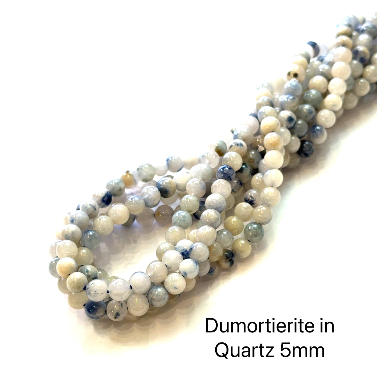5mm Dumortierite in Quartz smooth round gemstone strand, on a white background, front overview. 
