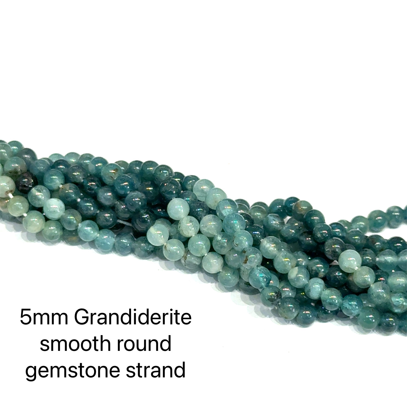 5mm Grandiderite smooth round gemstone strand on a white background, on a white background, front view.