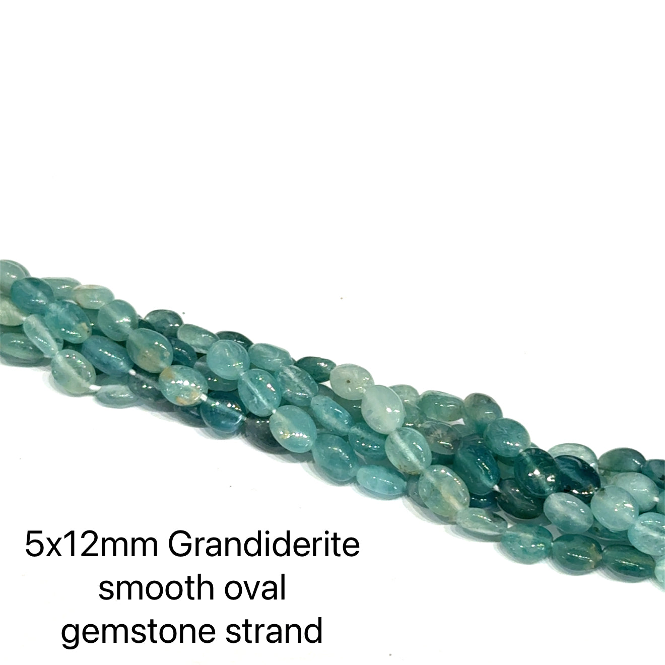 5x12mm Grandiderite smooth oval gemstone strand on a white background, on a white background, front view.
