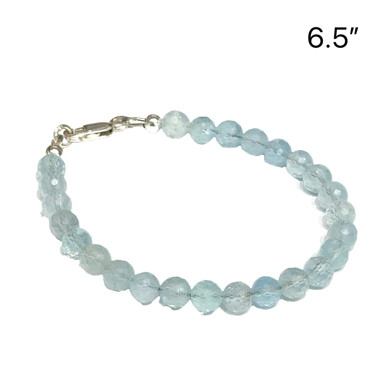 6mm Micro faceted round Aquamarine gemstone beaded bracelet with sterling silver lobster claw clasp size 6.5'' showing pale blue color  translucent on a white background left angle overview. 
